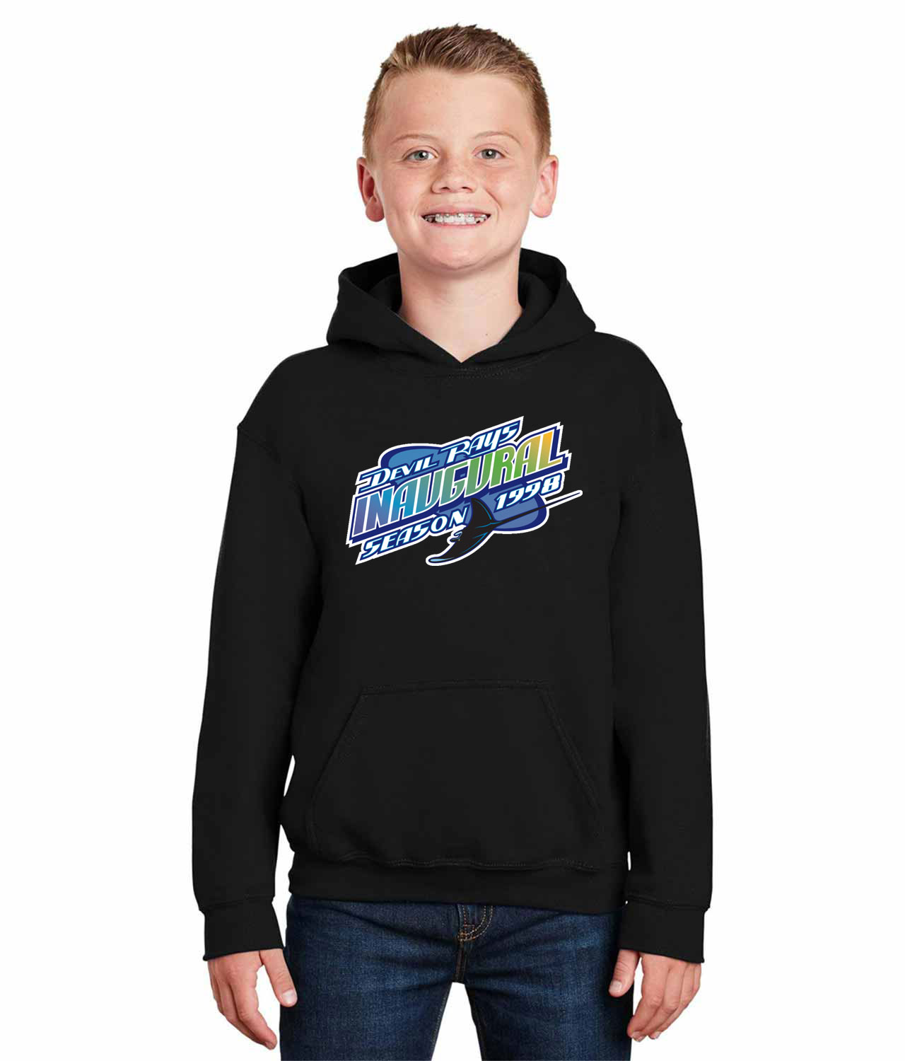 Tampa Bay Devil Rays Inaugural Season 1998 Baseball Logo Symbol Emblem Customized Design on Youth Hoodie