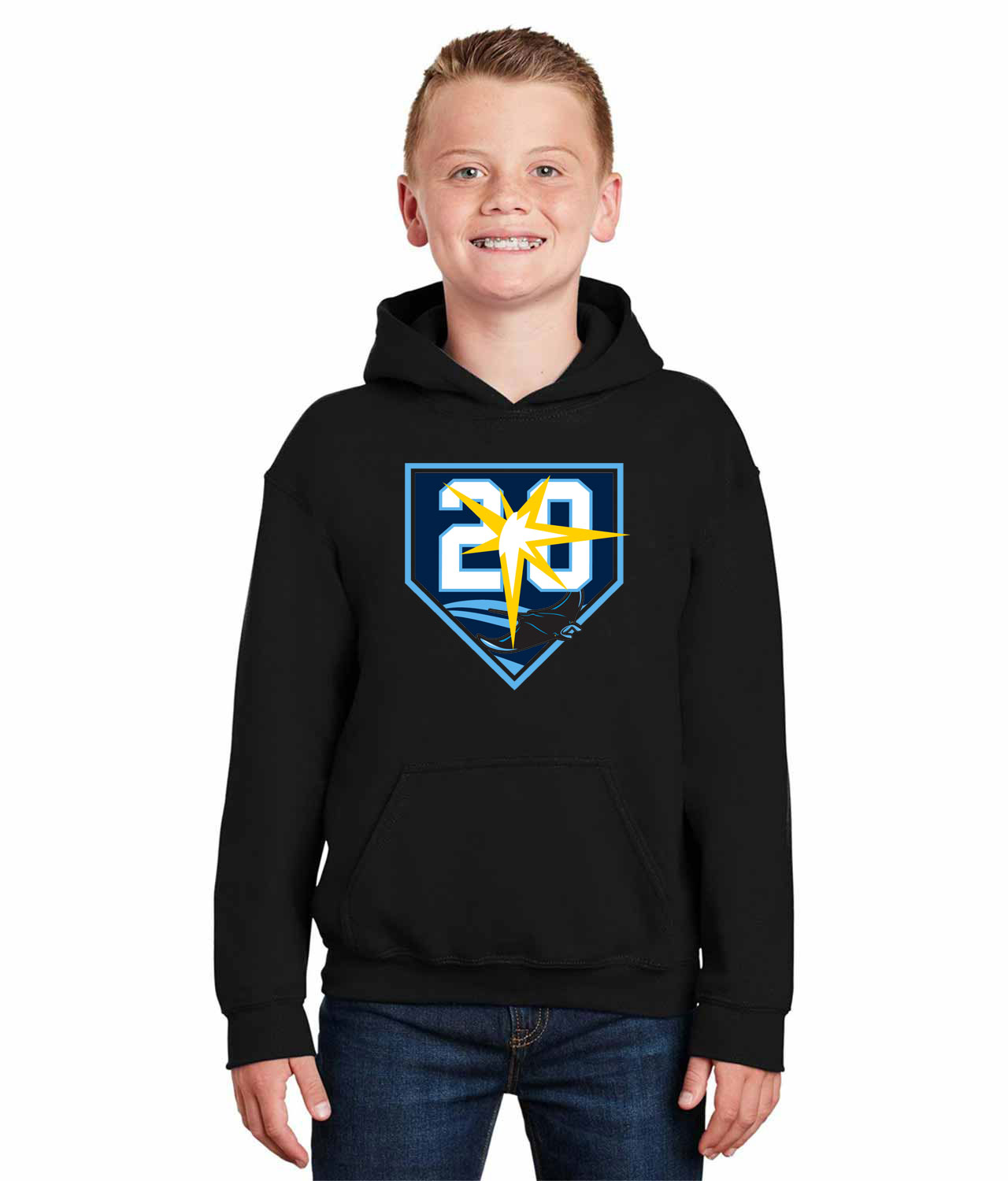 20th Anniversary Tampa Bay Rays - Tampa Bay Devil Rays Baseball Logo Symbol Emblem Customized Design on Youth Hoodie