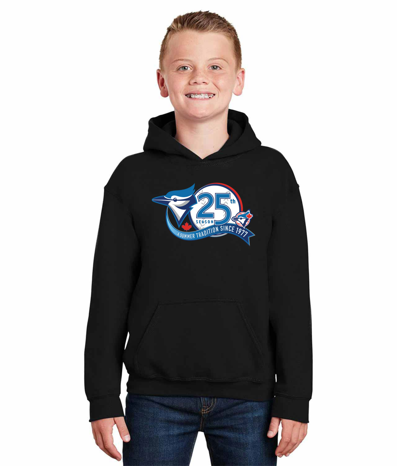 Toronto Blue Jays 25th Season - A Summer Tradition Since 77 Baseball Logo Symbol Emblem Customized Design on Youth Hoodie