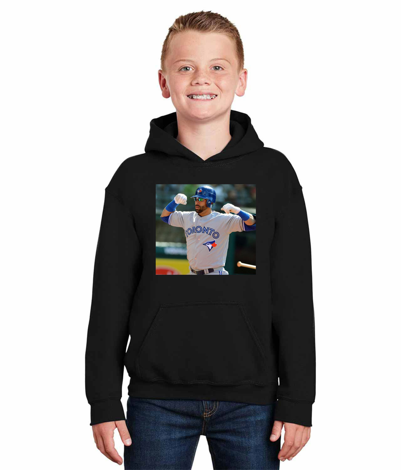 2012 Jose Bautista Road Uniform Toronto Blue Jays Photo Baseball Logo Symbol Emblem Customized Design on Youth Hoodie