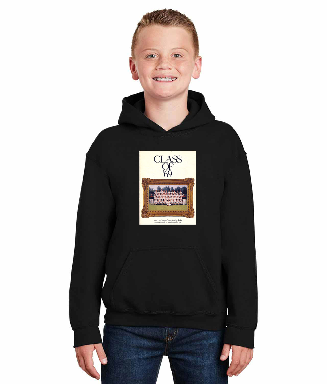 ALCS 1969 Program - Baltimore Orioles vs Minnesota Twins Baseball Logo Symbol Emblem Customized Design on Youth Hoodie