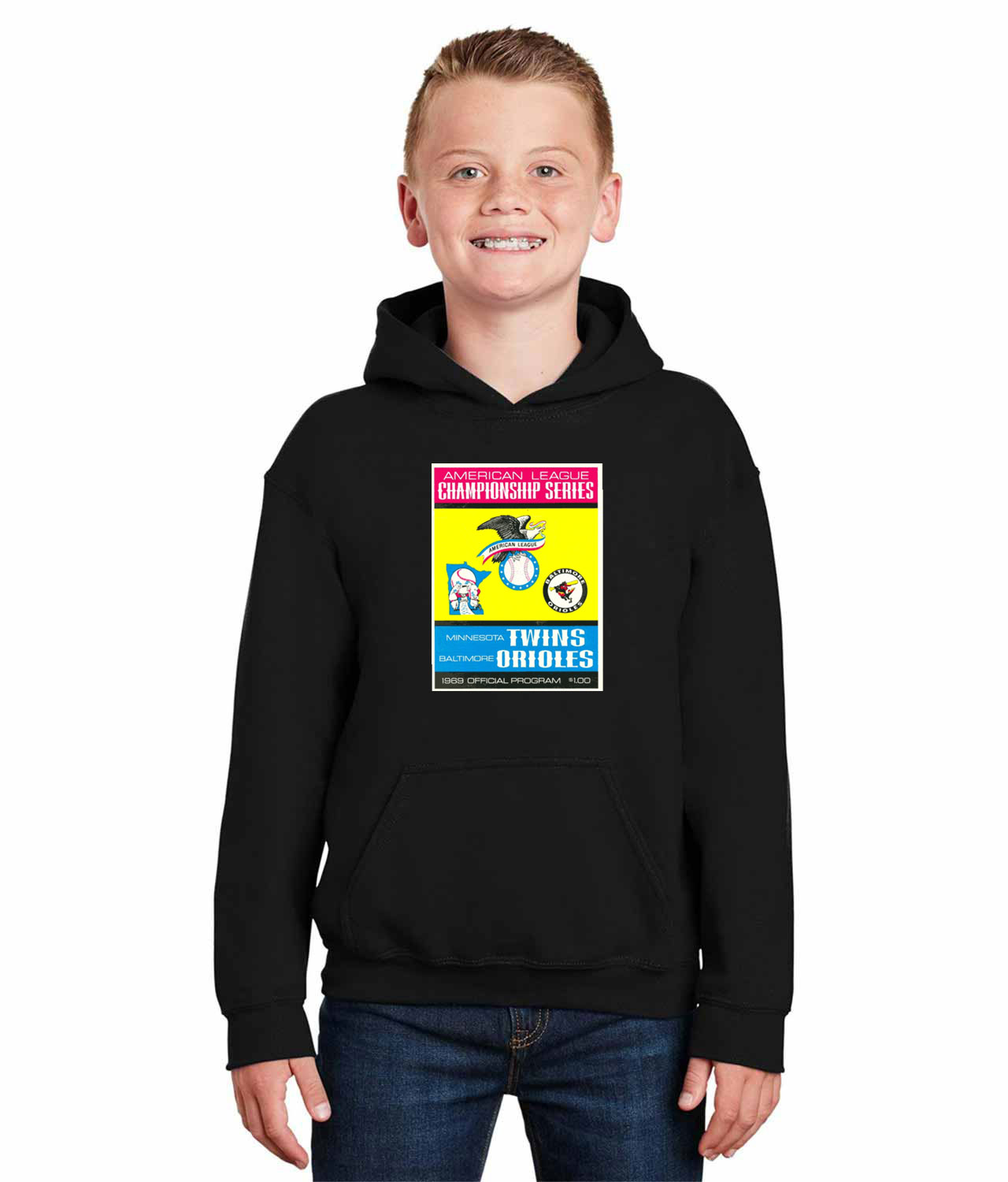 ALCS 1969 Program - Baltimore Orioles vs Minnesota Twins Baseball Logo Symbol Emblem Customized Design on Youth Hoodie