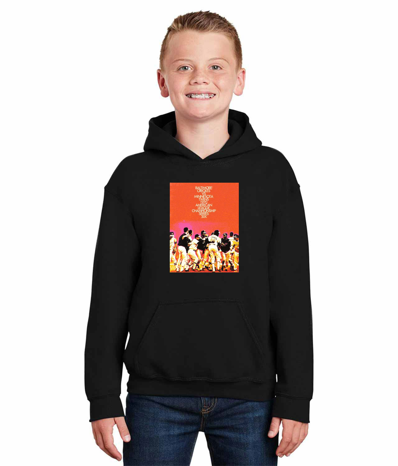 ALCS 1970 Program- Baltimore Orioles vs Minnesota Twins Baseball Logo Symbol Emblem Customized Design on Youth Hoodie