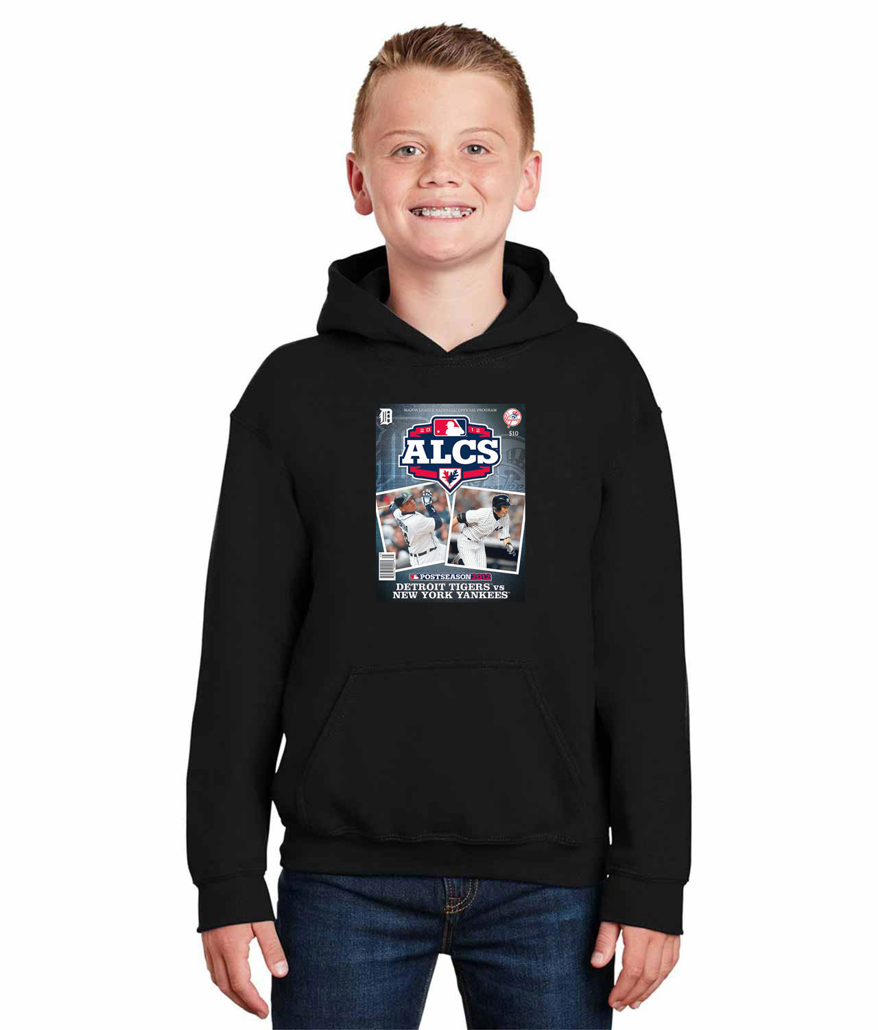 2012 ALCS Program - New York Yankees vs Detroit Tigers Baseball Logo Symbol Emblem Customized Design on Youth Hoodie