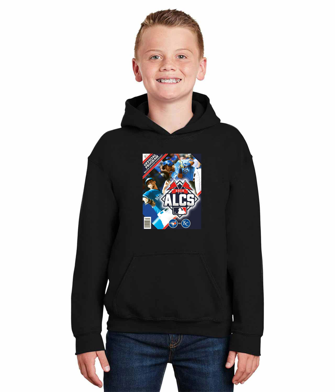 2015 ALCS Program Cover - Kansas City Royals Vs Toronto Blue Jays Baseball Logo Symbol Emblem Customized Design on Youth Hoodie