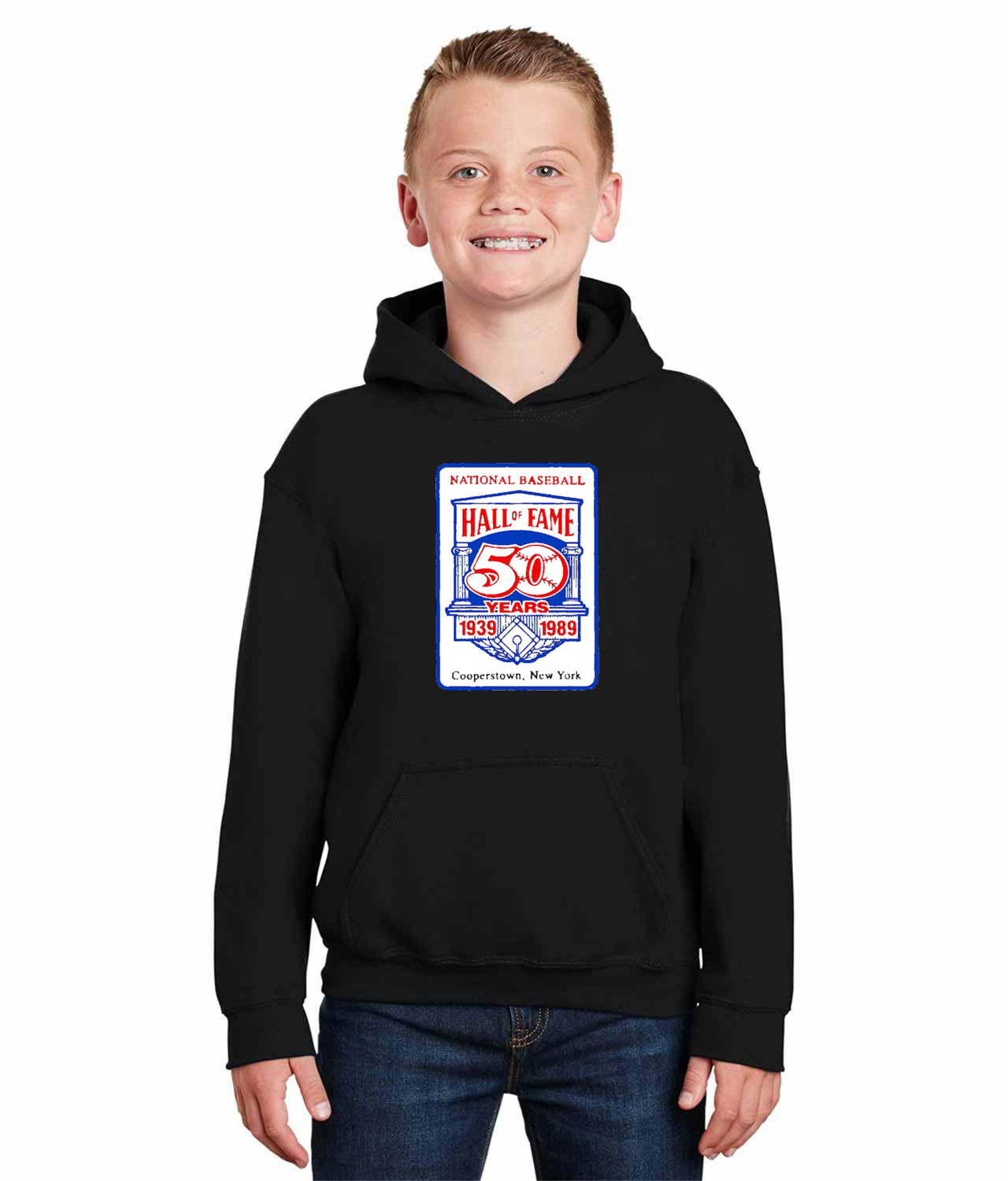 Major League Baseball 50th Anniversary Of The Baseball Hall Of Fame Logo Emblem Customized Design on Youth Hoodie