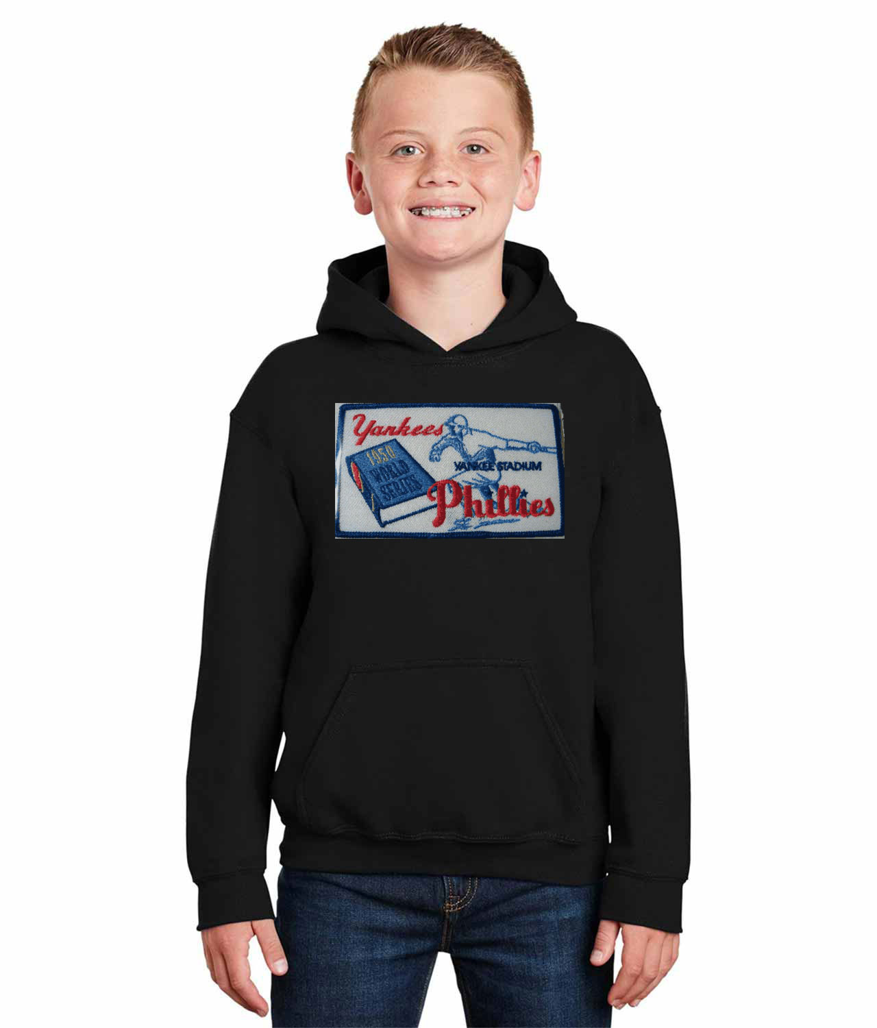 1950 MLB World Series Patch New York Yankees vs Philadelphia Phillies Baseball Logo Symbol Emblem Customized Design on Youth Hoodie
