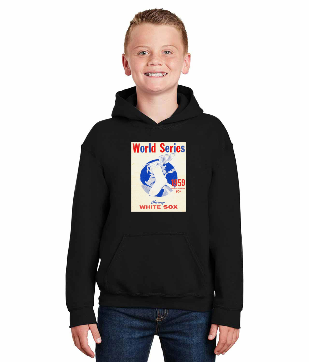MLB World Series Program 1959 Chicago White Sox vs. Los Angeles Dodgers Baseball Logo Symbol Emblem Customized Design on Youth Hoodie