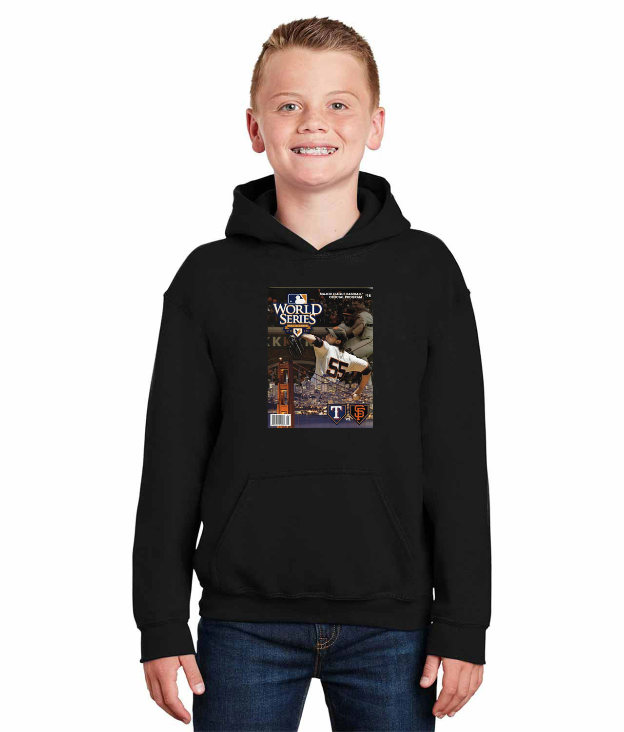 2010 MLB World Series Program - San Francisco Giants vs Texas Rangers Baseball Logo Symbol Emblem Customized Design on Youth Hoodie