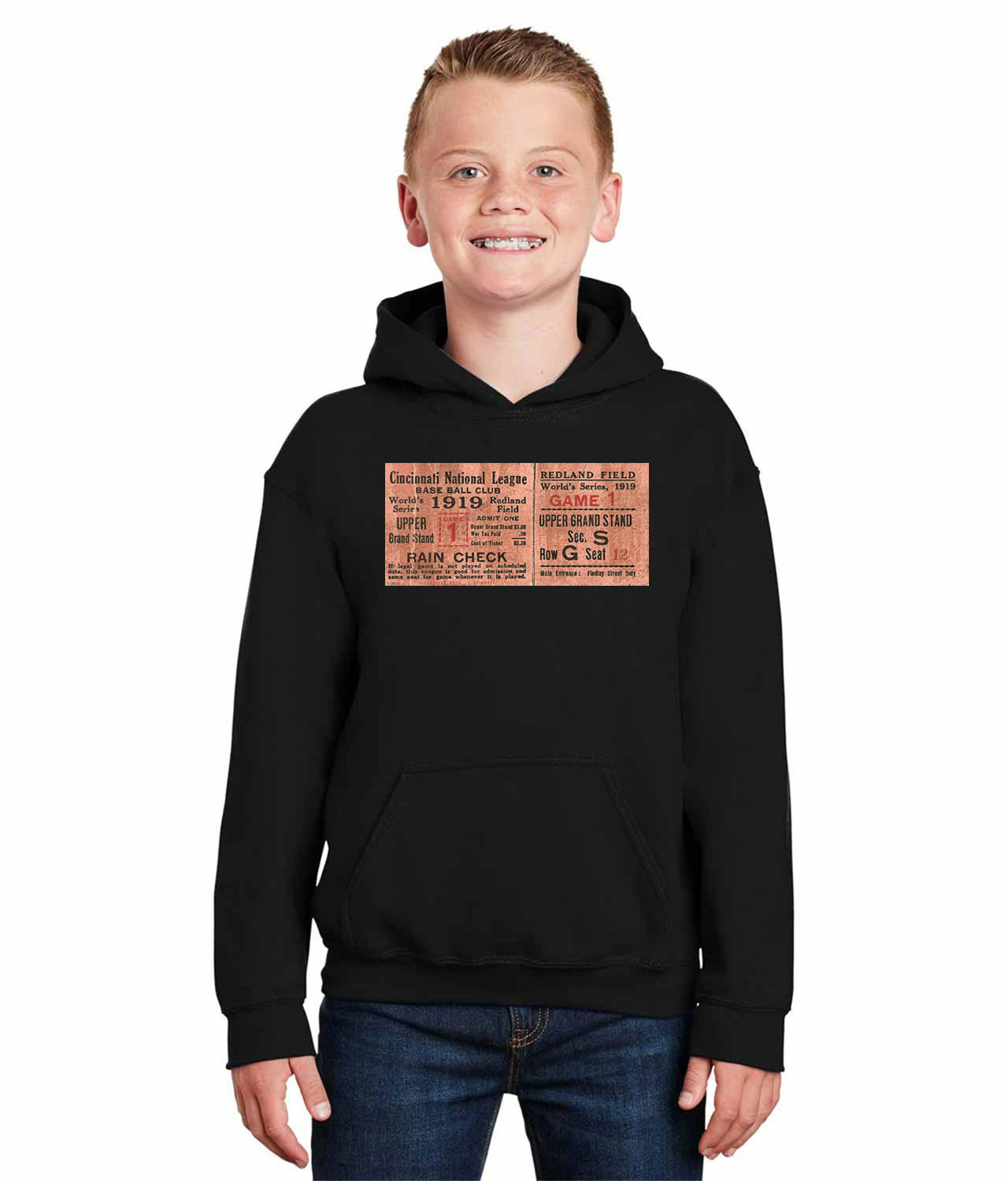 MLB World Series Ticket Stub Game 1 - Chicago White Sox Cincinnati Reds Baseball Logo Symbol Emblem Customized Design on Youth Hoodie