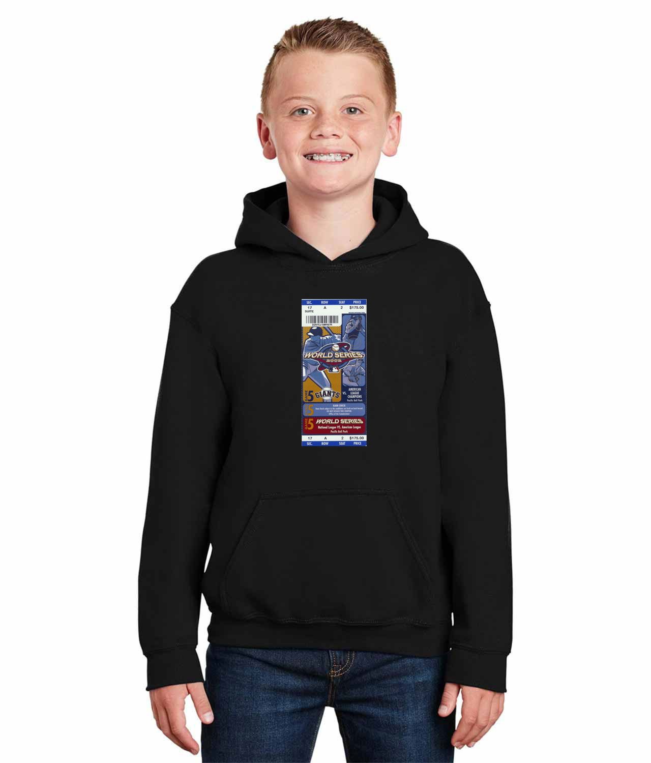 2002 MLB World Series Ticket Stub Game 5 - Anaheim Angels At San Francisco Giants Baseball Logo Symbol Emblem Customized Design on Youth Hoodie