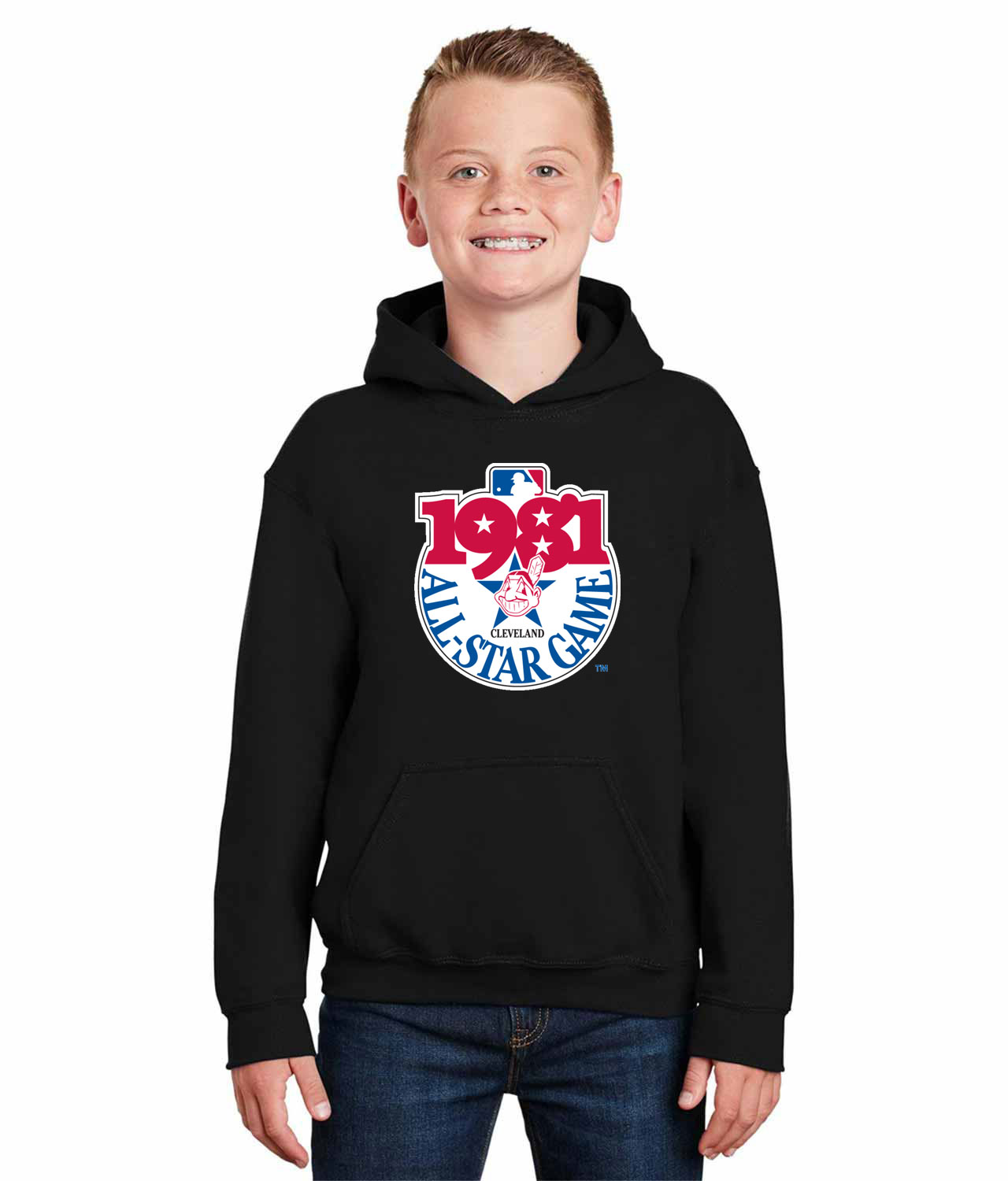 1981 MLB All-Star Game Municipal Stadium Cleveland Ohio Baseball Logo Symbol Emblem Customized Design on Youth Hoodie