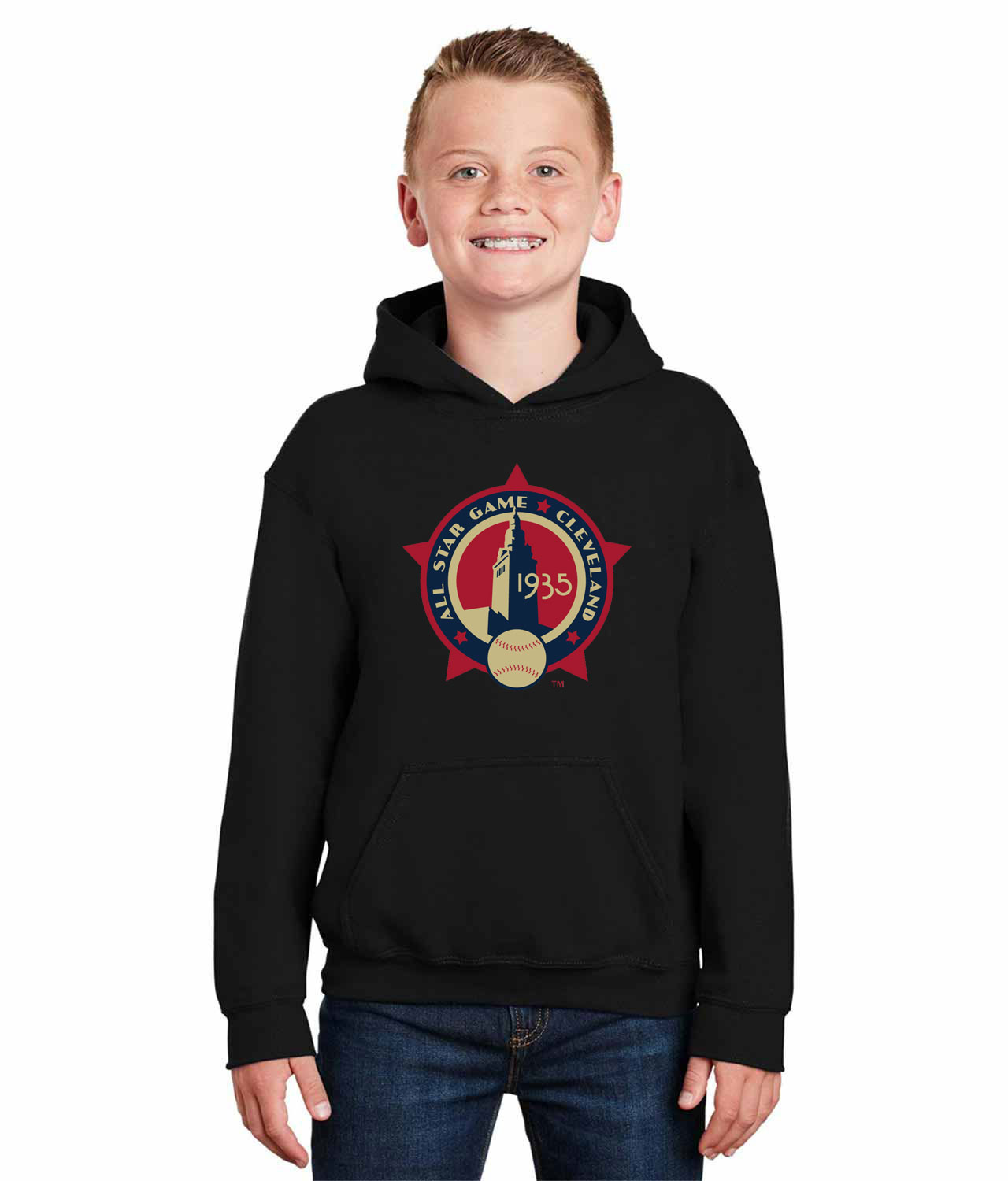 1935 MLB All-Star Game Municipal Stadium Cleveland Ohio Baseball Logo Symbol Emblem Customized Design on Youth Hoodie