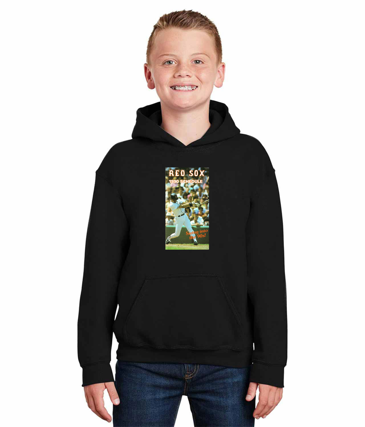 Boston Red Sox Pocket Schedule 1990 Baseball Logo Symbol Emblem Customized Design on Youth Hoodie