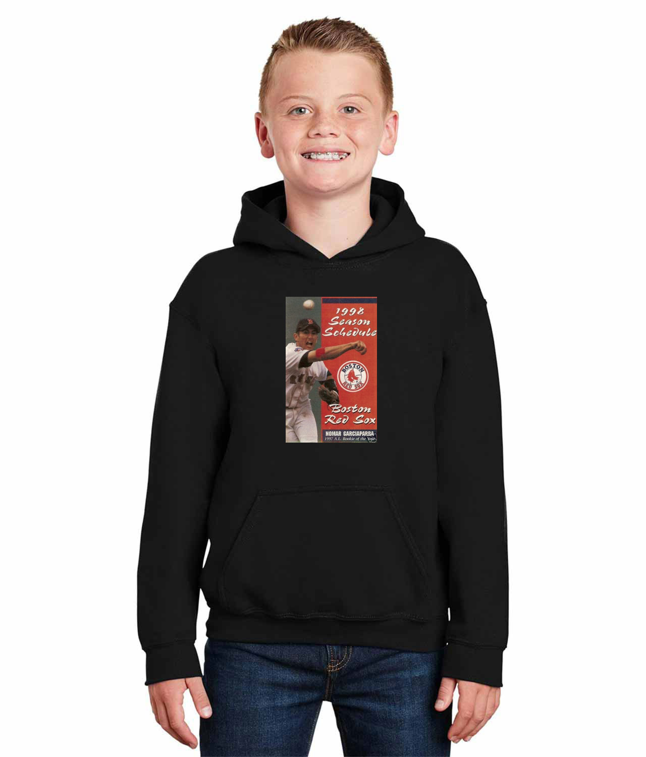 Boston Red Sox Pocket Schedule 1998 Baseball Logo Symbol Emblem Customized Design on Youth Hoodie