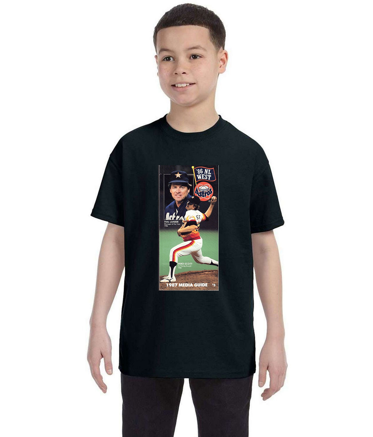 1987 Houston Astros Media Guide, Mike Scott and Hal Lanier National League (NL) Baseball Logo Symbol Emblem Customized Design on Youth T-Shirt Tee