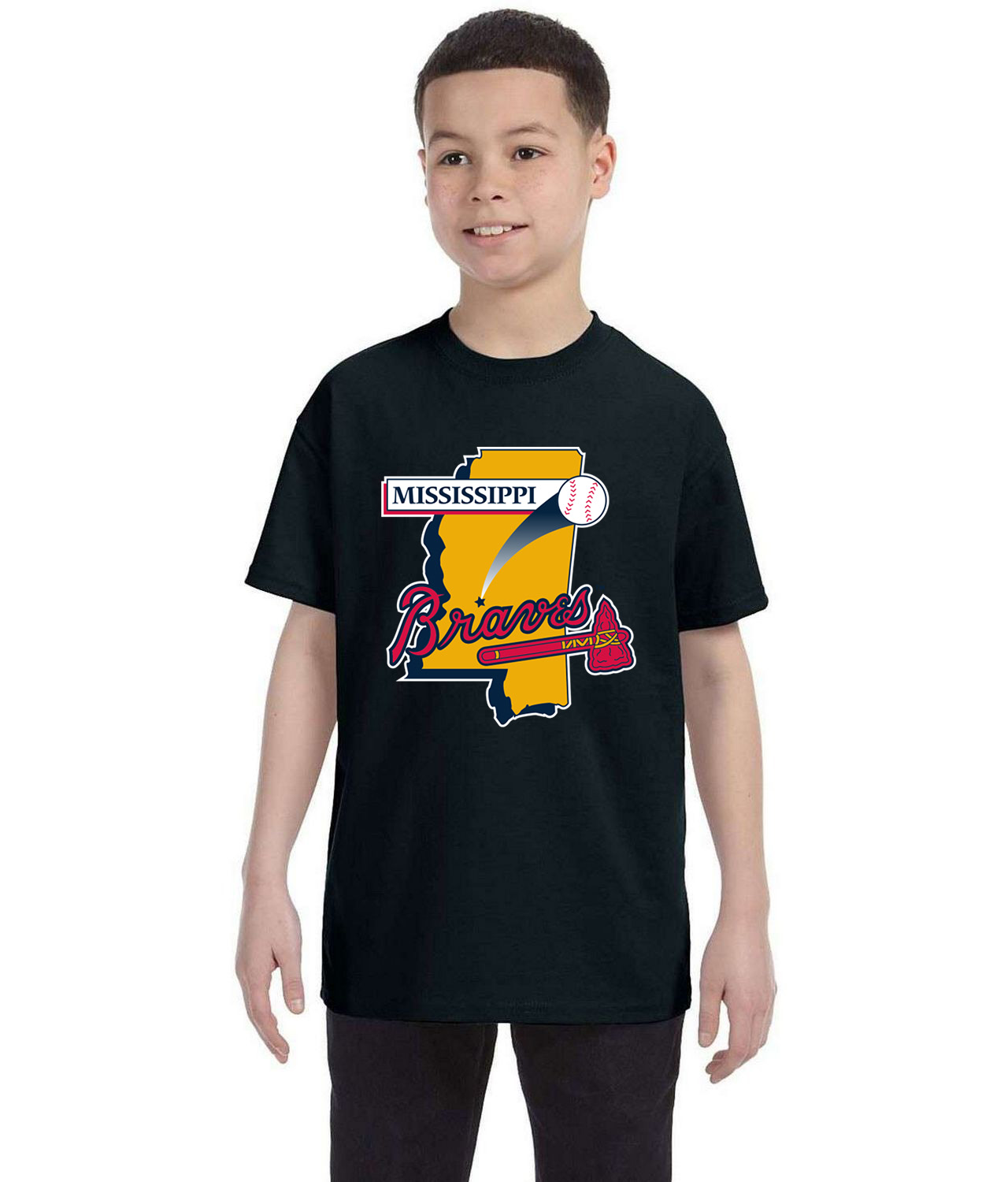 Mississippi Braves Baseball Logo Symbol Emblem Customized Design on Youth T-Shirt Tee