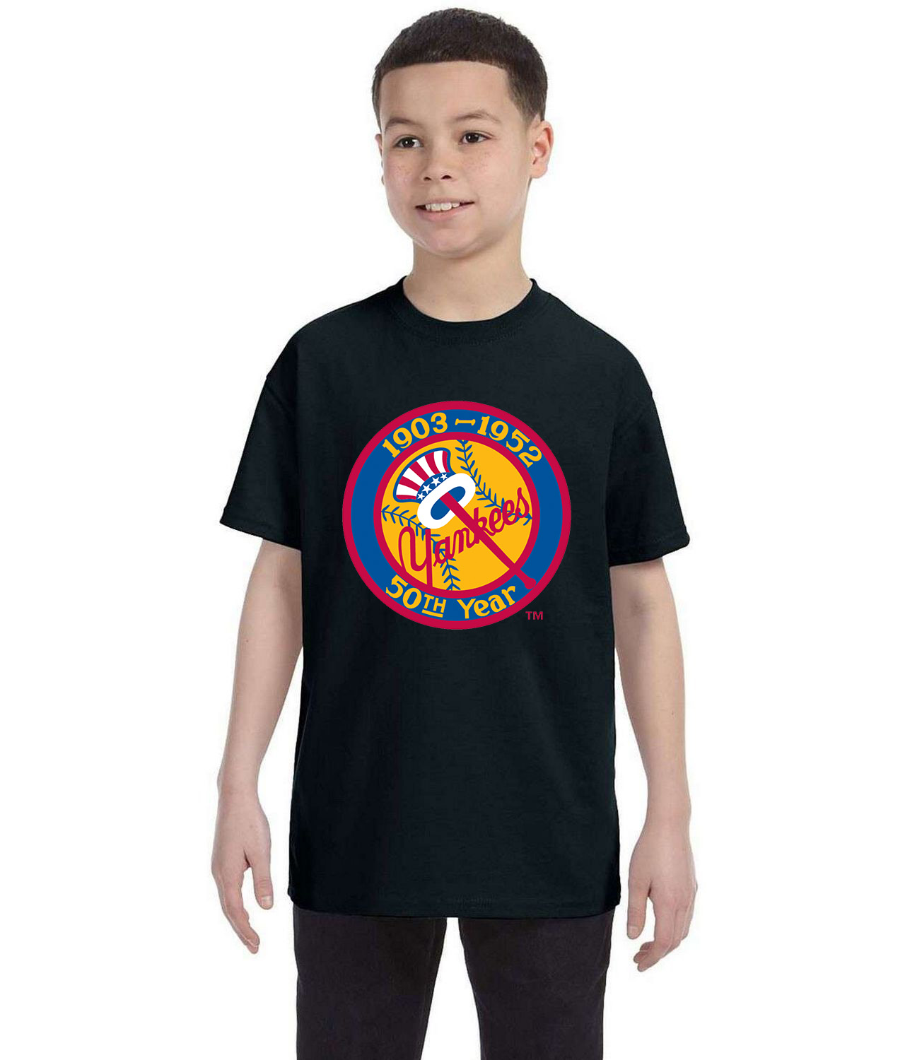 50th Anniversary Of The New York Yankees Patch Baseball Logo Symbol Emblem Customized Design on Youth T-Shirt Tee