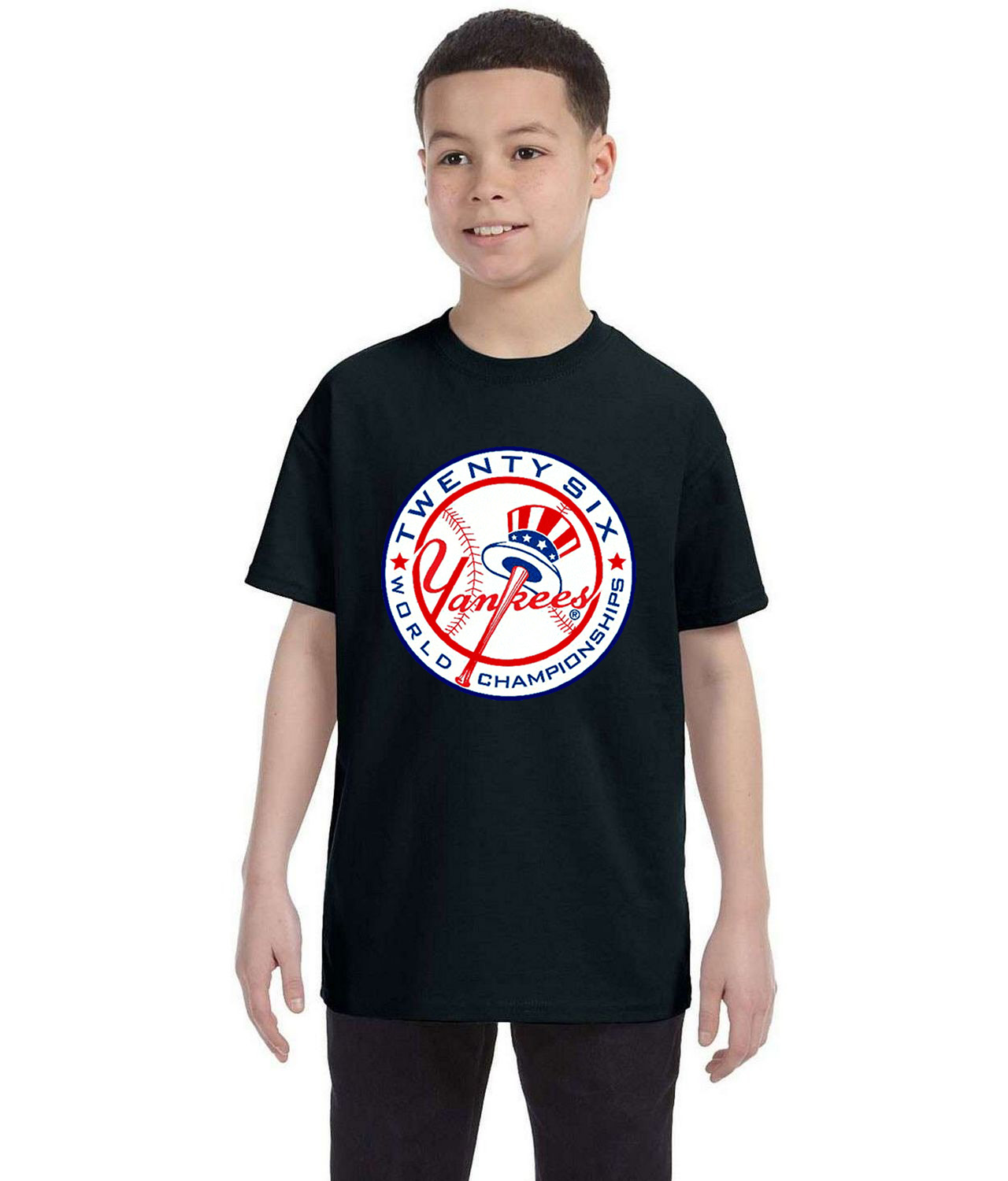 New York Yankees 26-Time World Series Champions Baseball Logo Symbol Emblem Customized Design on Youth T-Shirt Tee