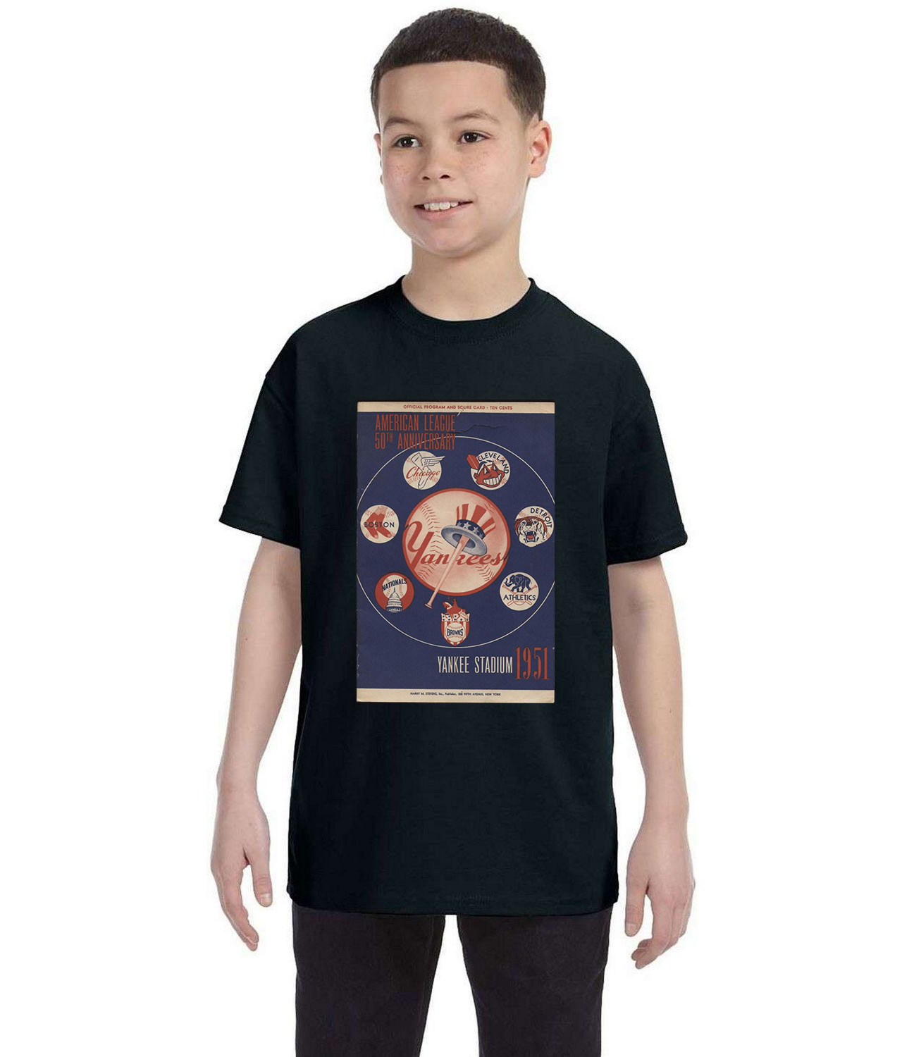 1951 New York Yankees Yankee Stadium Program Baseball Logo Symbol Emblem Customized Design on Youth T-Shirt Tee