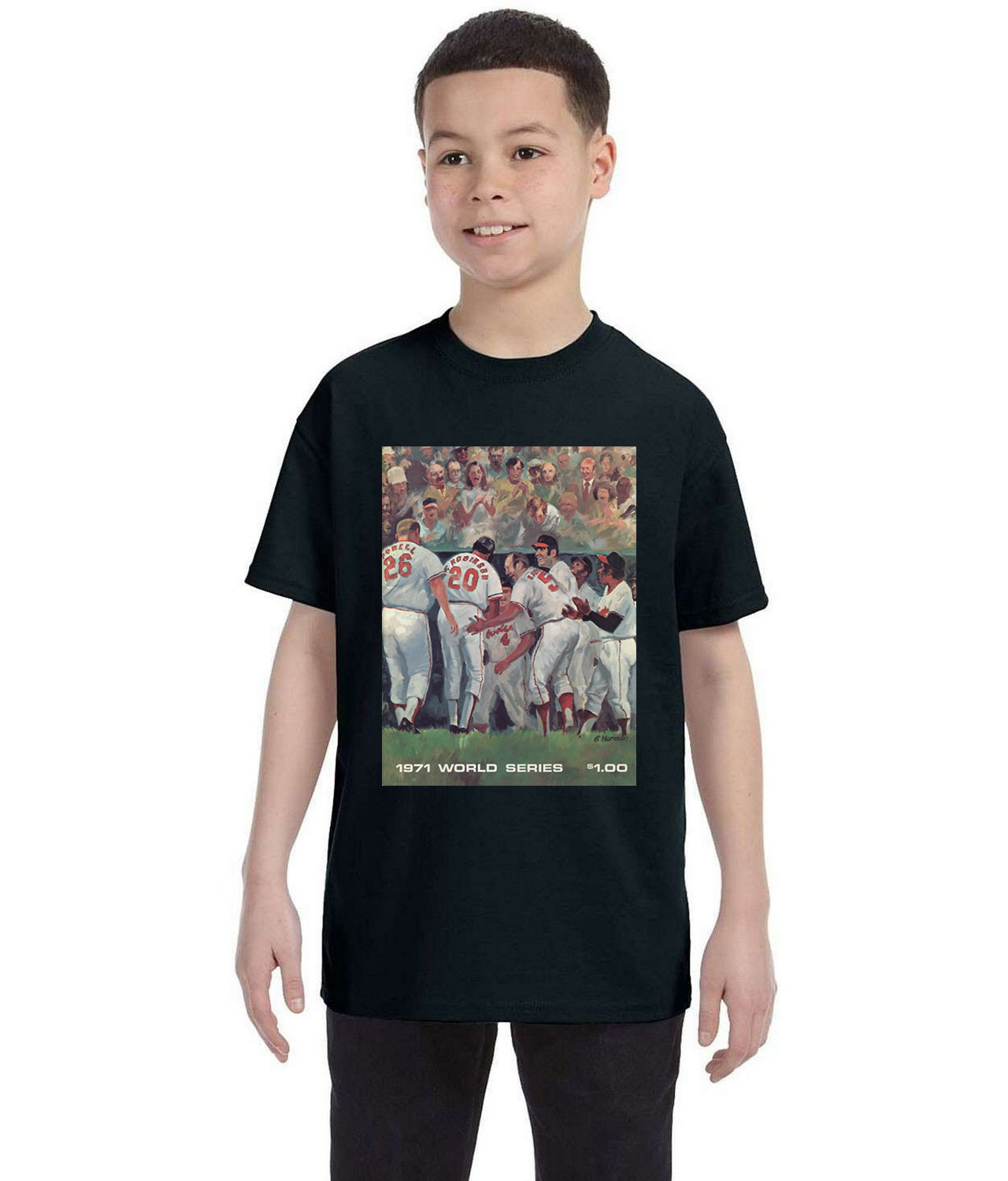 1971 World Series Program - Baltimore Orioles Baseball Logo Symbol Emblem Customized Design on Youth T-Shirt Tee