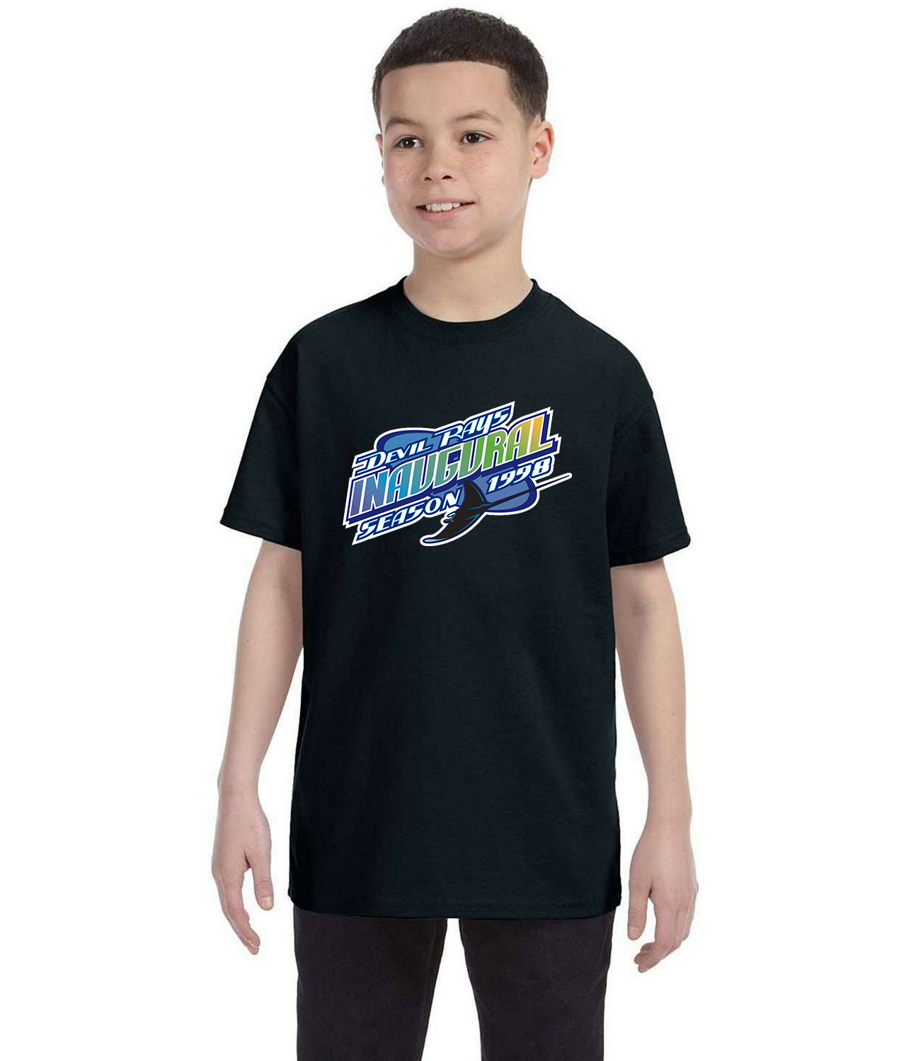 Tampa Bay Devil Rays Inaugural Season 1998 Baseball Logo Symbol Emblem Customized Design on Youth T-Shirt Tee