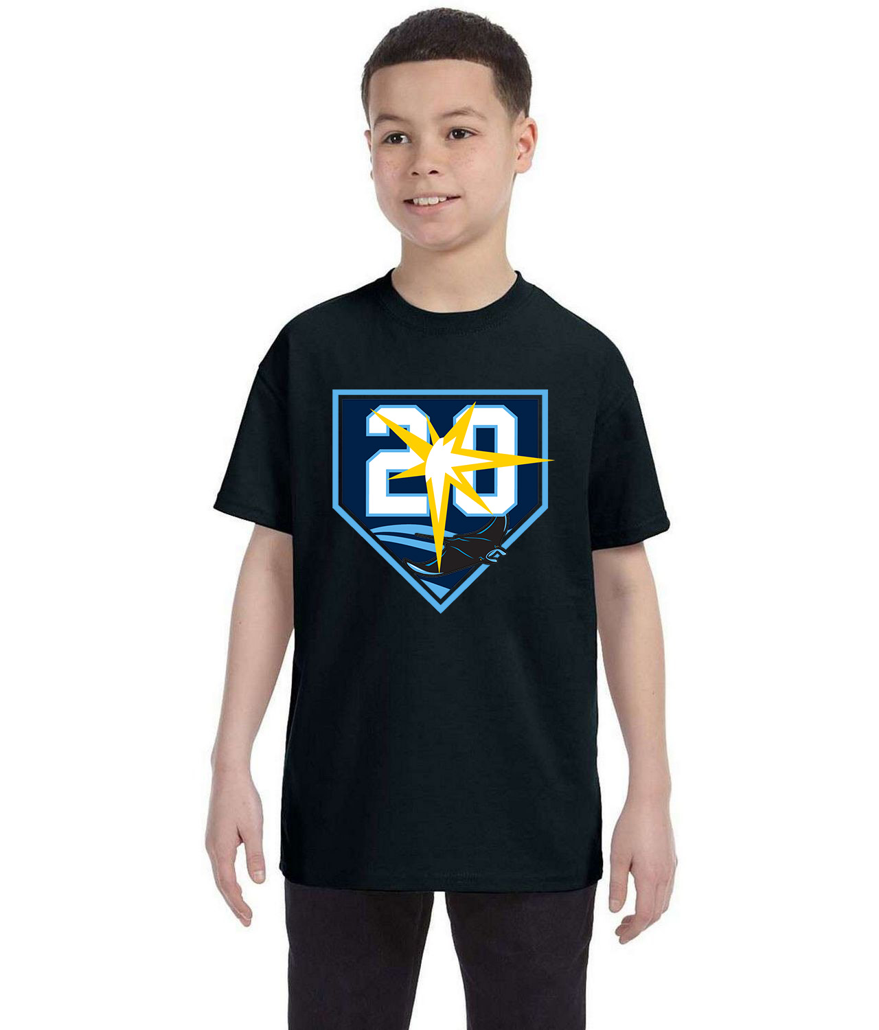 20th Anniversary Tampa Bay Rays - Tampa Bay Devil Rays Baseball Logo Symbol Emblem Customized Design on Youth T-Shirt Tee
