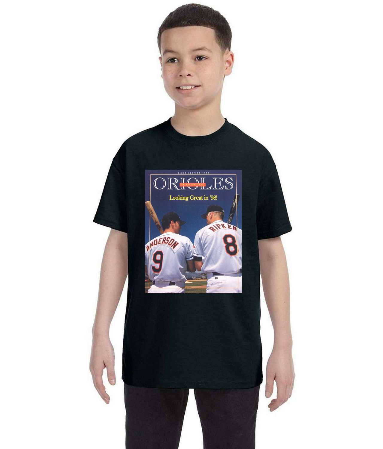 1998 Baltimore Orioles Game Program Baseball Logo Symbol Emblem Customized Design on Youth T-Shirt Tee