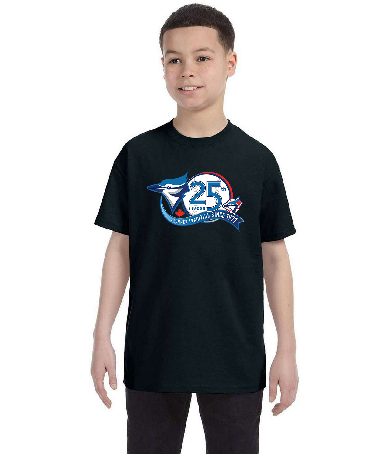 Toronto Blue Jays 25th Season - A Summer Tradition Since 77 Baseball Logo Symbol Emblem Customized Design on Youth T-Shirt Tee