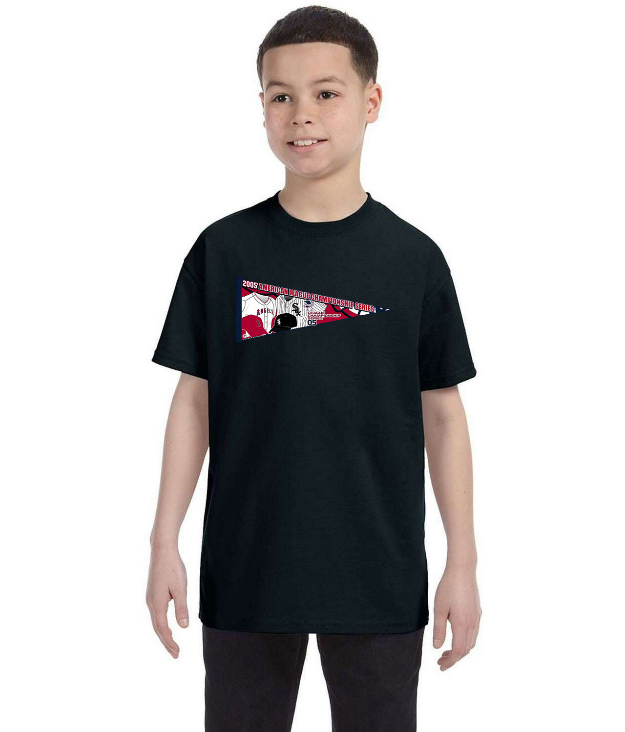 ALCS 2005 ALCS Chicago White Sox Vs. Los Angeles Angels Of Anaheim Baseball Logo Symbol Emblem Customized Design on Youth T-Shirt Tee