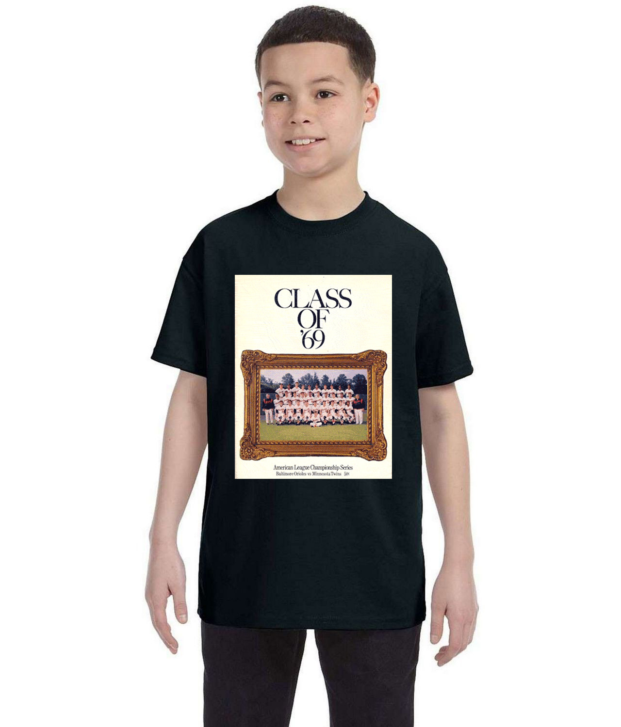 ALCS 1969 Program - Baltimore Orioles vs Minnesota Twins Baseball Logo Symbol Emblem Customized Design on Youth T-Shirt Tee