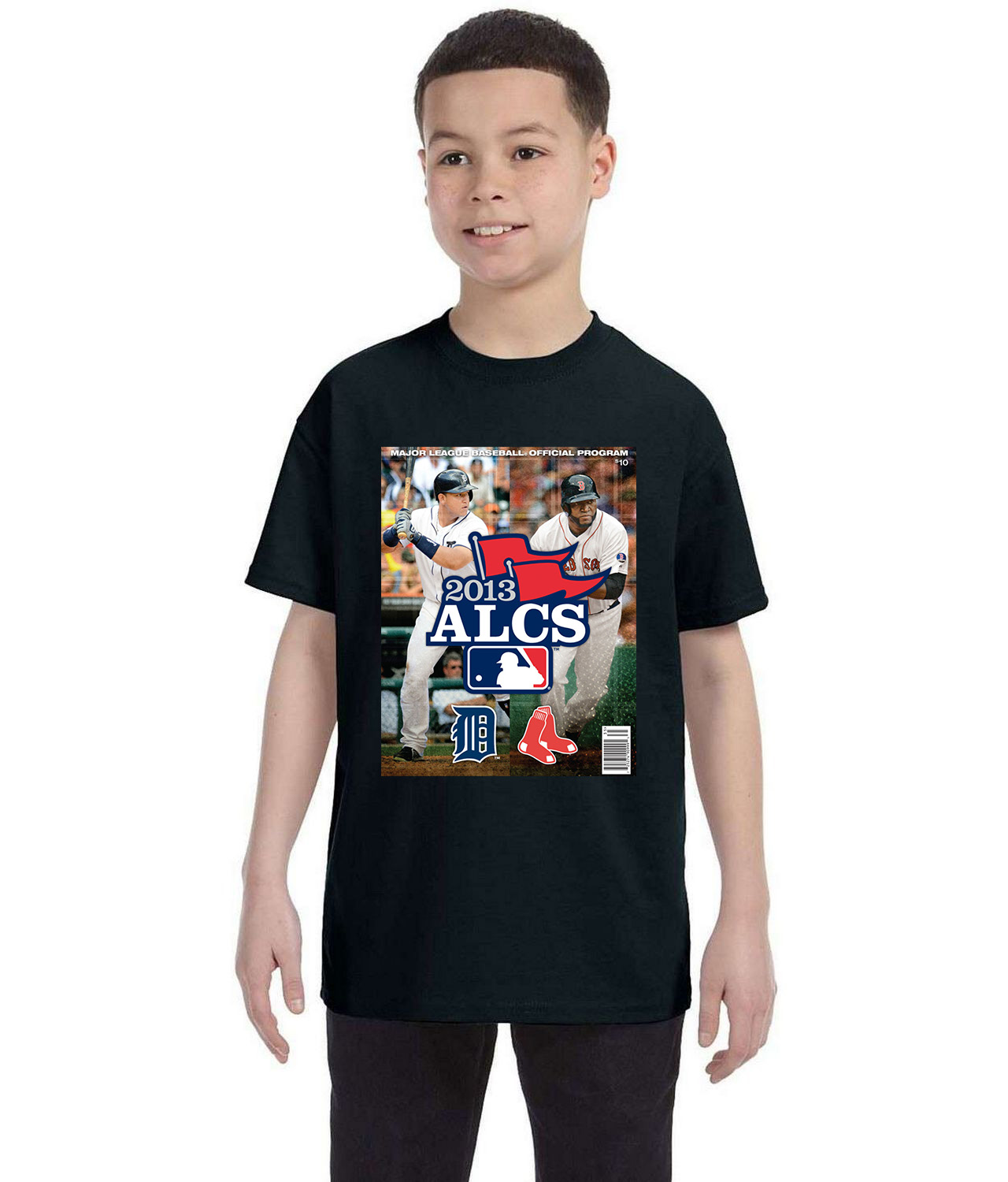 2013 ALCS Program Cover - Boston Red Sox Vs Detroit Tigers Baseball Logo Symbol Emblem Customized Design on Youth T-Shirt Tee