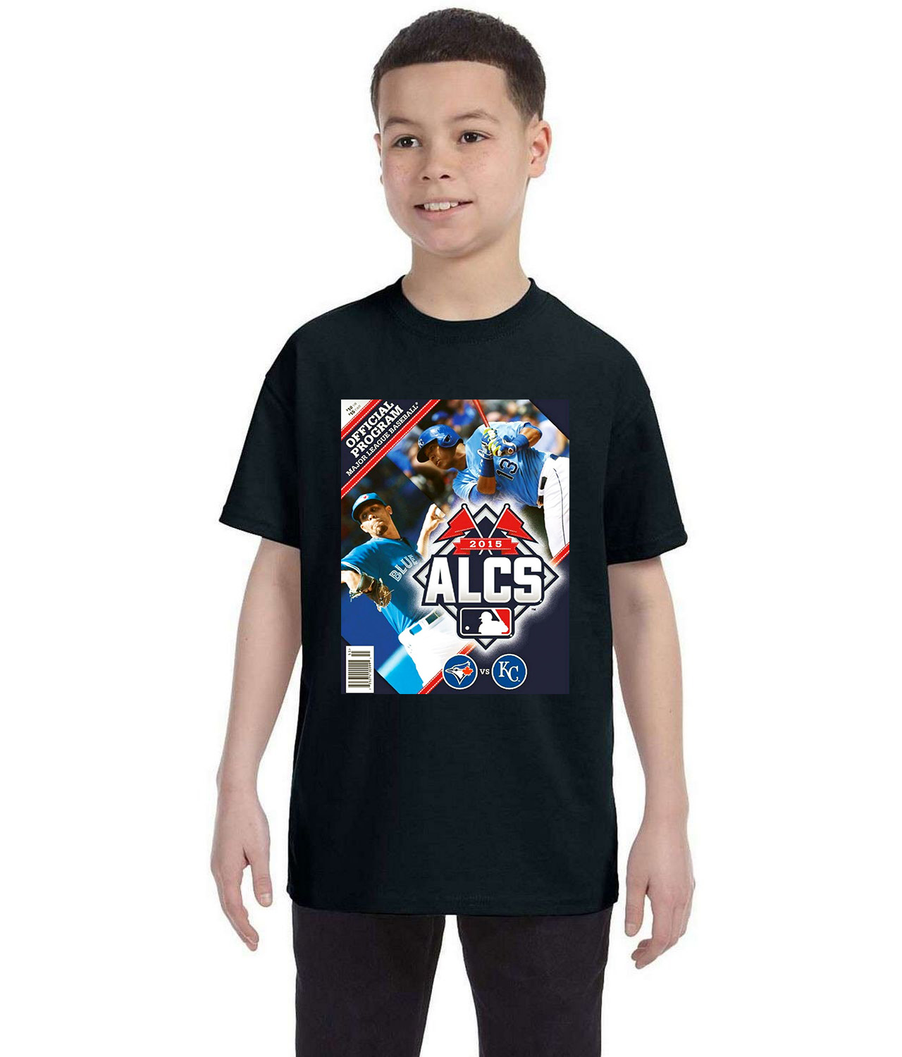 2015 ALCS Program Cover - Kansas City Royals Vs Toronto Blue Jays Baseball Logo Symbol Emblem Customized Design on Youth T-Shirt Tee