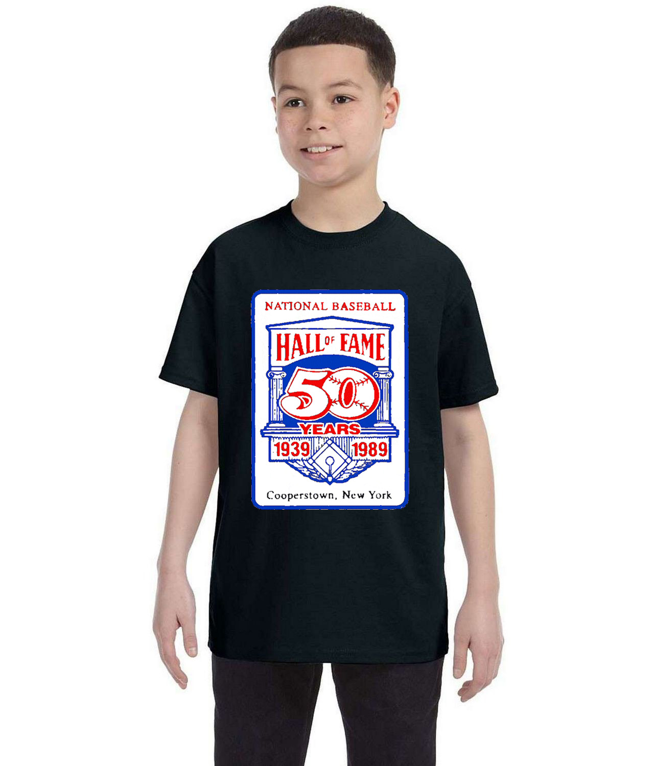 Major League Baseball 50th Anniversary Of The Baseball Hall Of Fame Baseball Logo Symbol Emblem Customized Design on Youth T-Shirt Tee