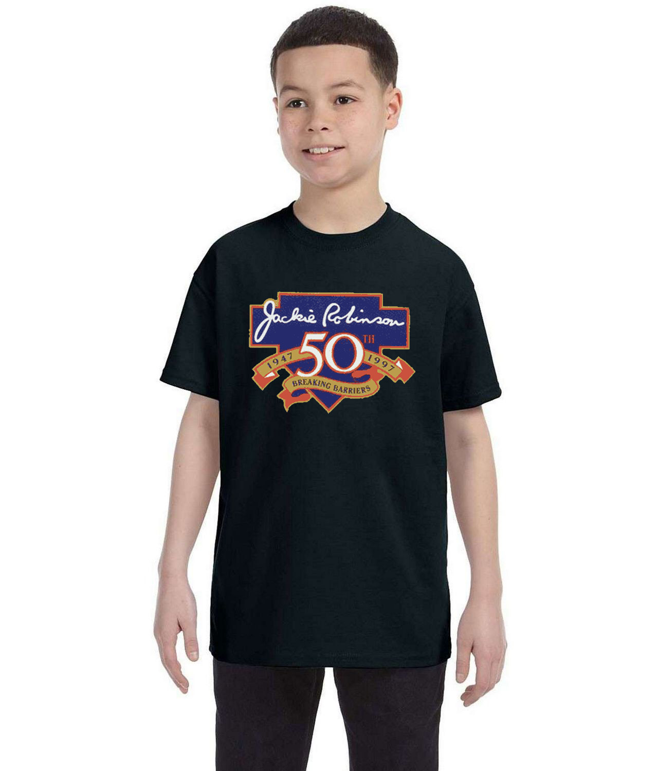 Major League Baseball 50th Anniversary Of The Jackie Robinson's Debut Baseball Logo Symbol Emblem Customized Design on Youth T-Shirt Tee