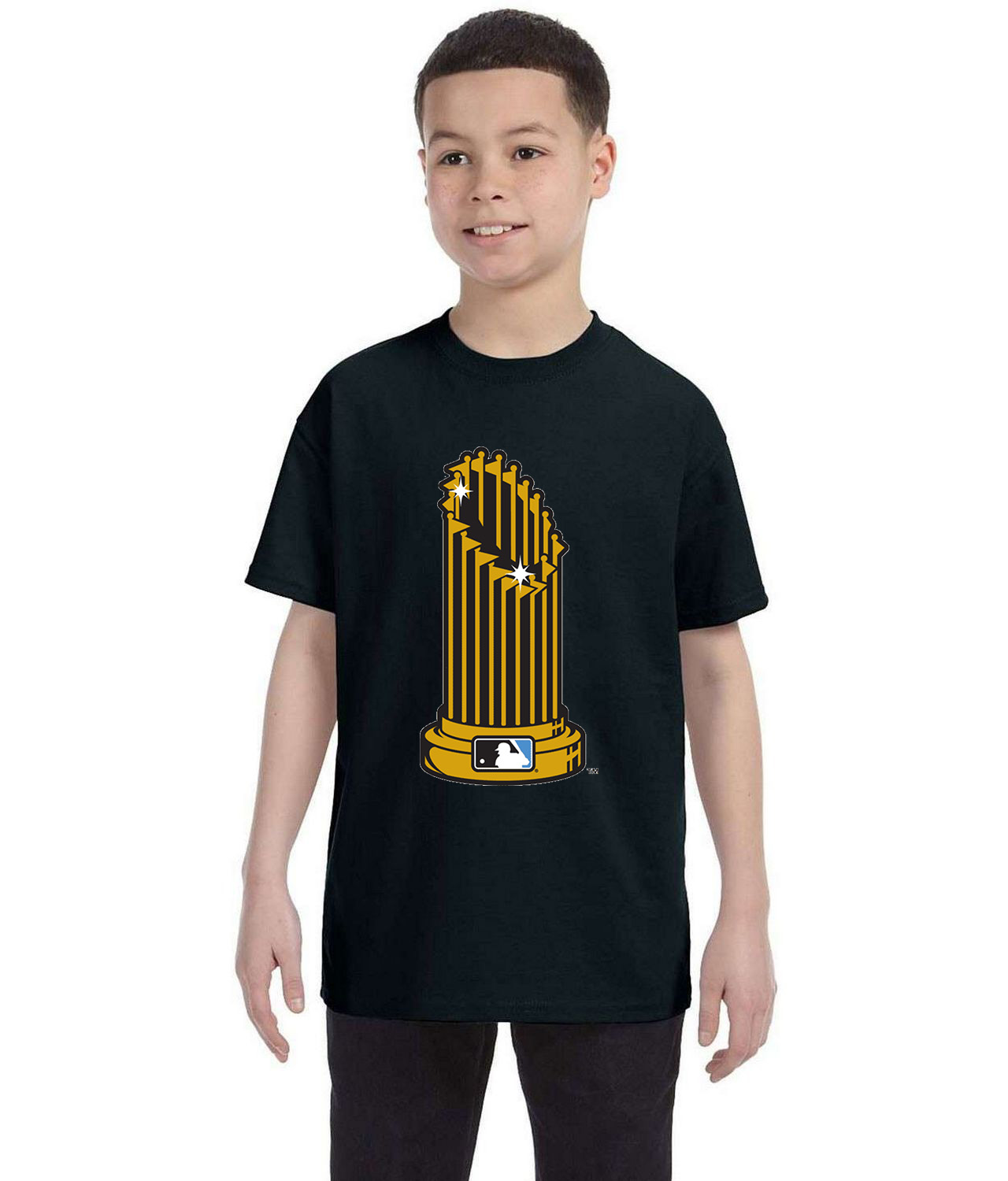 World Series Trophy With Powder Blue MLB 2003-2004 Baseball Logo Symbol Emblem Customized Design on Youth T-Shirt Tee