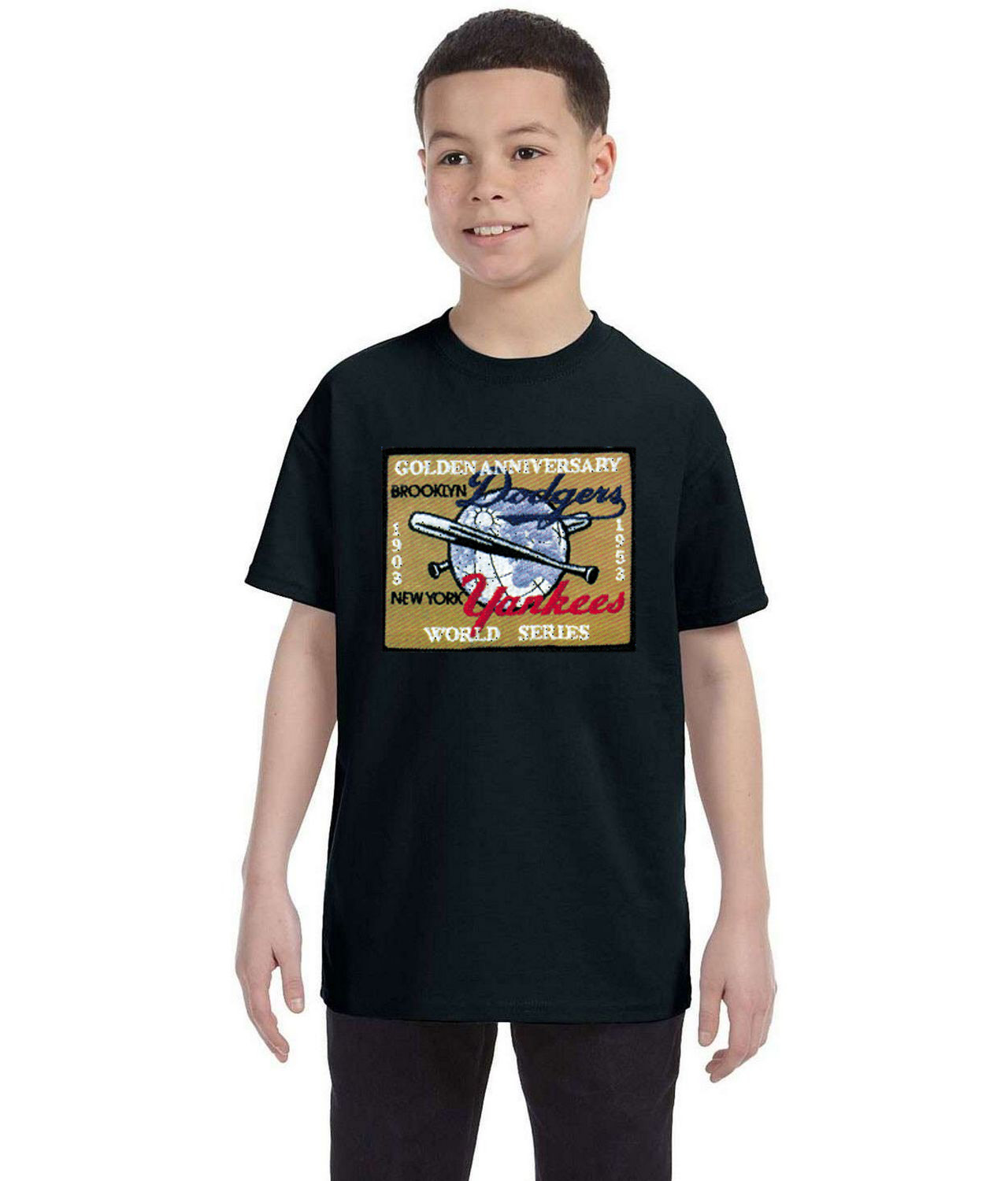 New York Yankees 4 Brooklyn Dodgers 2 - MLB World Series 50th Anniversary Baseball Logo Symbol Emblem Customized Design on Youth T-Shirt Tee