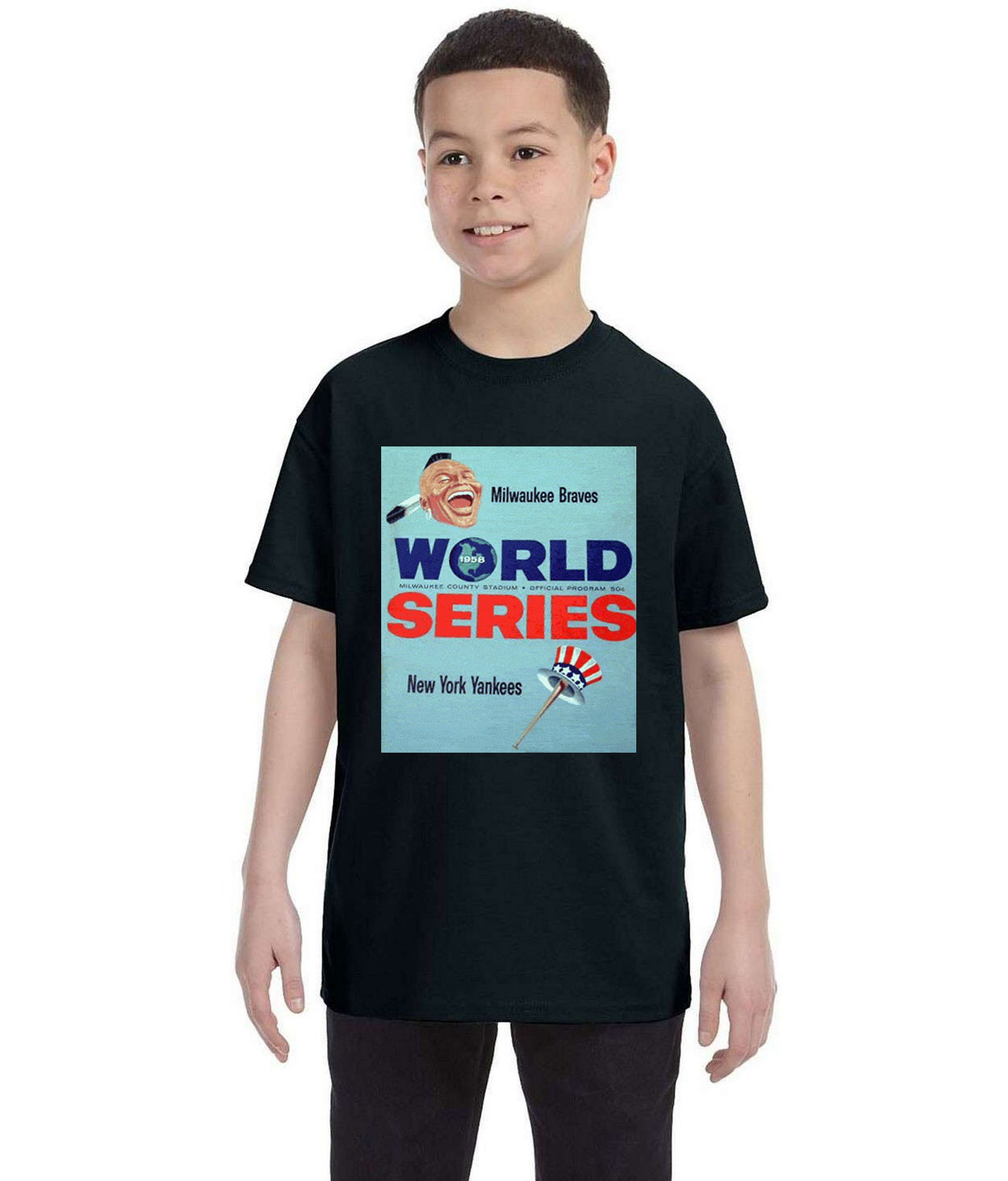 MLB World Series Program 1958 New York Yankees vs. Milwaukee Braves Baseball Logo Symbol Emblem Customized Design on Youth T-Shirt Tee