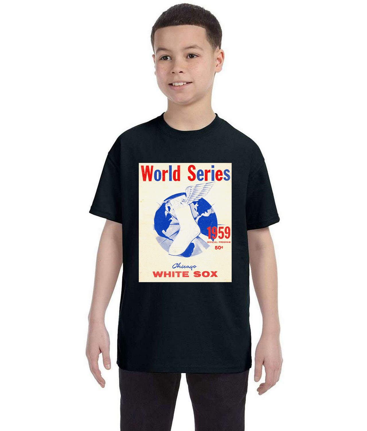 MLB World Series Program 1959 Chicago White Sox vs. Los Angeles Dodgers Baseball Logo Symbol Emblem Customized Design on Youth T-Shirt Tee
