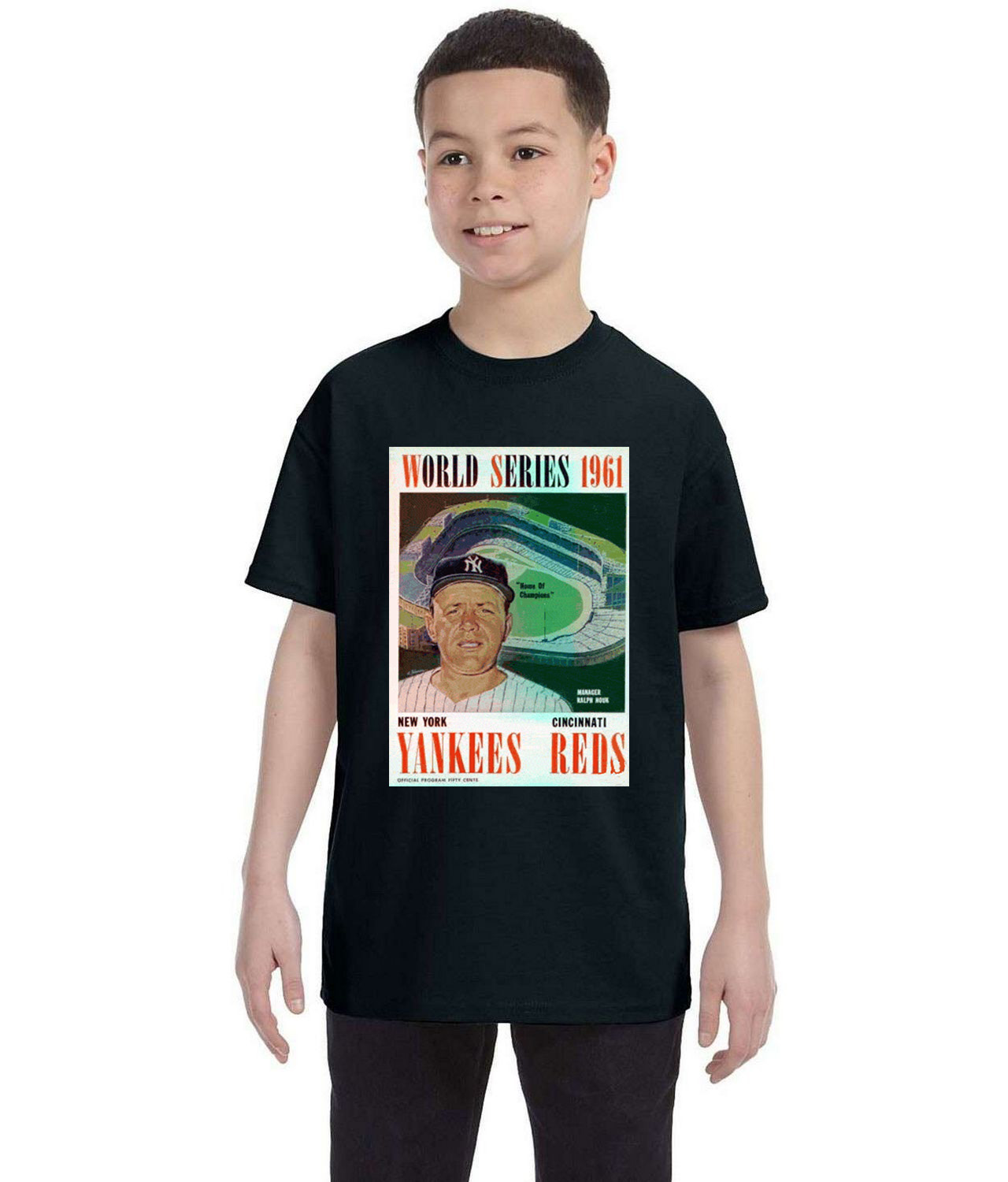 MLB World Series Program 1961 New York Yankees vs. St Louis Cardinals Baseball Logo Symbol Emblem Customized Design on Youth T-Shirt Tee