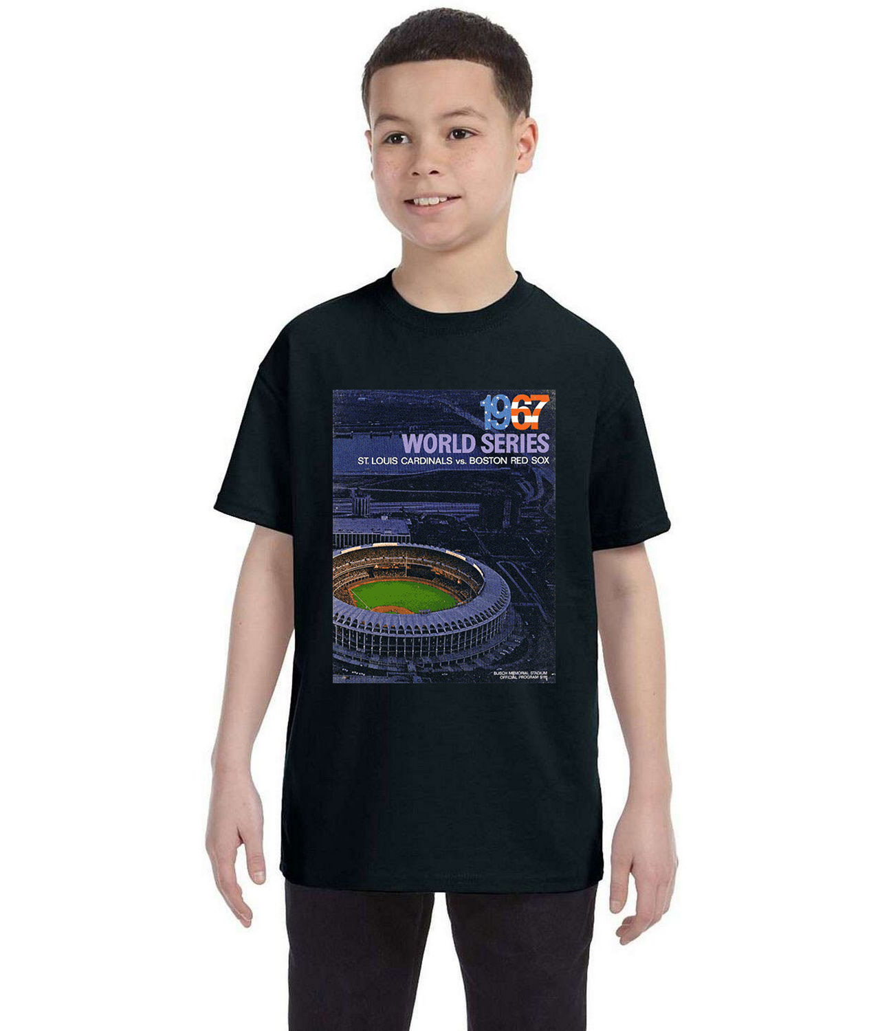 MLB World Series Program 1967 Boston Red Sox vs. St Louis Cardinals Baseball Logo Symbol Emblem Customized Design on Youth T-Shirt Tee