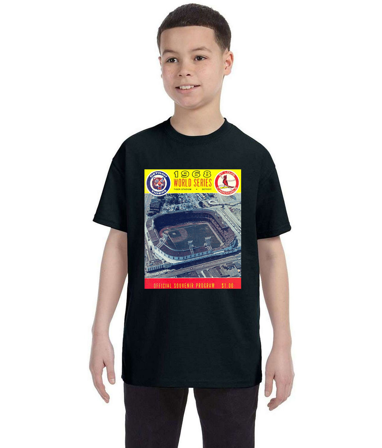 MLB World Series Program 1968 Detroit Tigers vs. St Louis Cardinals Baseball Logo Symbol Emblem Customized Design on Youth T-Shirt Tee