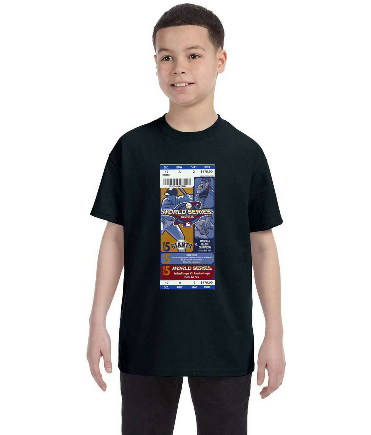 2002 MLB World Series Ticket Stub Game 5 - Anaheim Angels At San Francisco Giants Baseball Logo Symbol Emblem Customized Design on Youth T-Shirt Tee