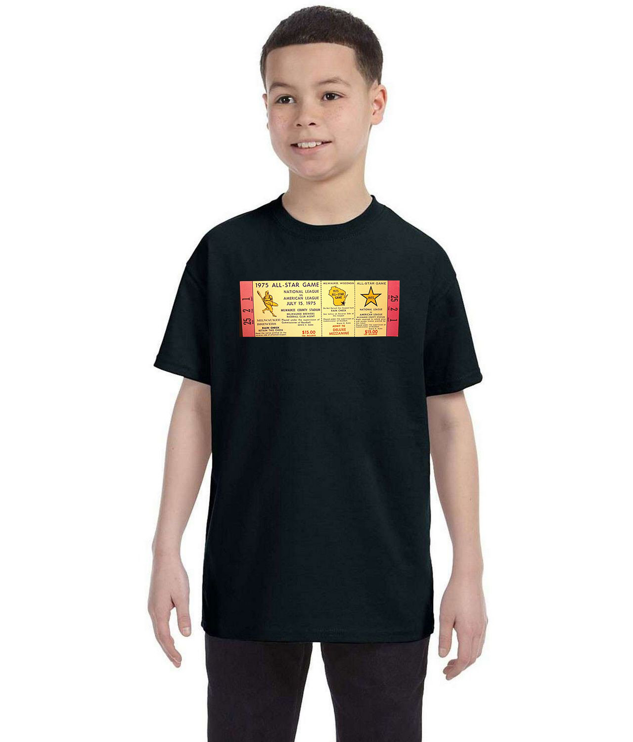 1975 MLB All-Star Game Ticket Stub Baseball Logo Symbol Emblem Customized Design on Youth T-Shirt Tee