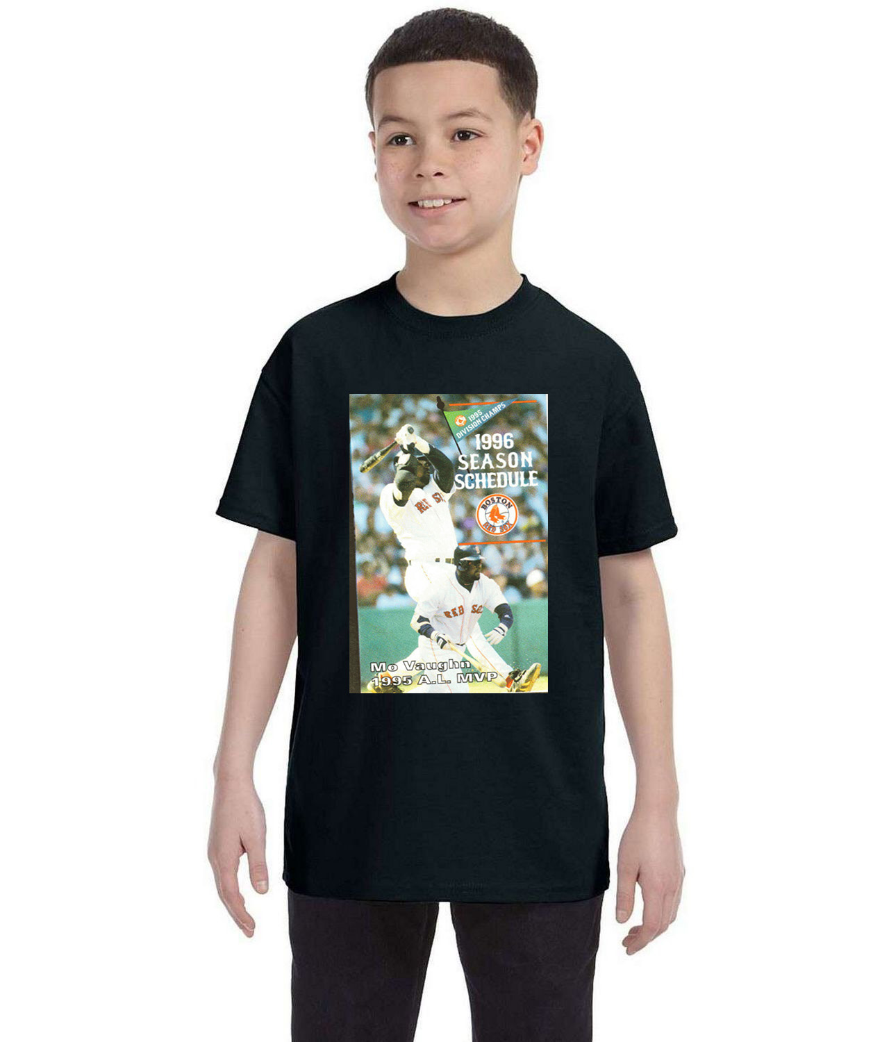 Boston Red Sox Pocket Schedule 1996 Baseball Logo Symbol Emblem Customized Design on Youth T-Shirt Tee