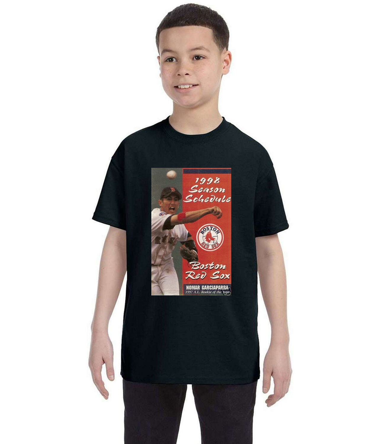 Boston Red Sox Pocket Schedule 1998 Baseball Logo Symbol Emblem Customized Design on Youth T-Shirt Tee