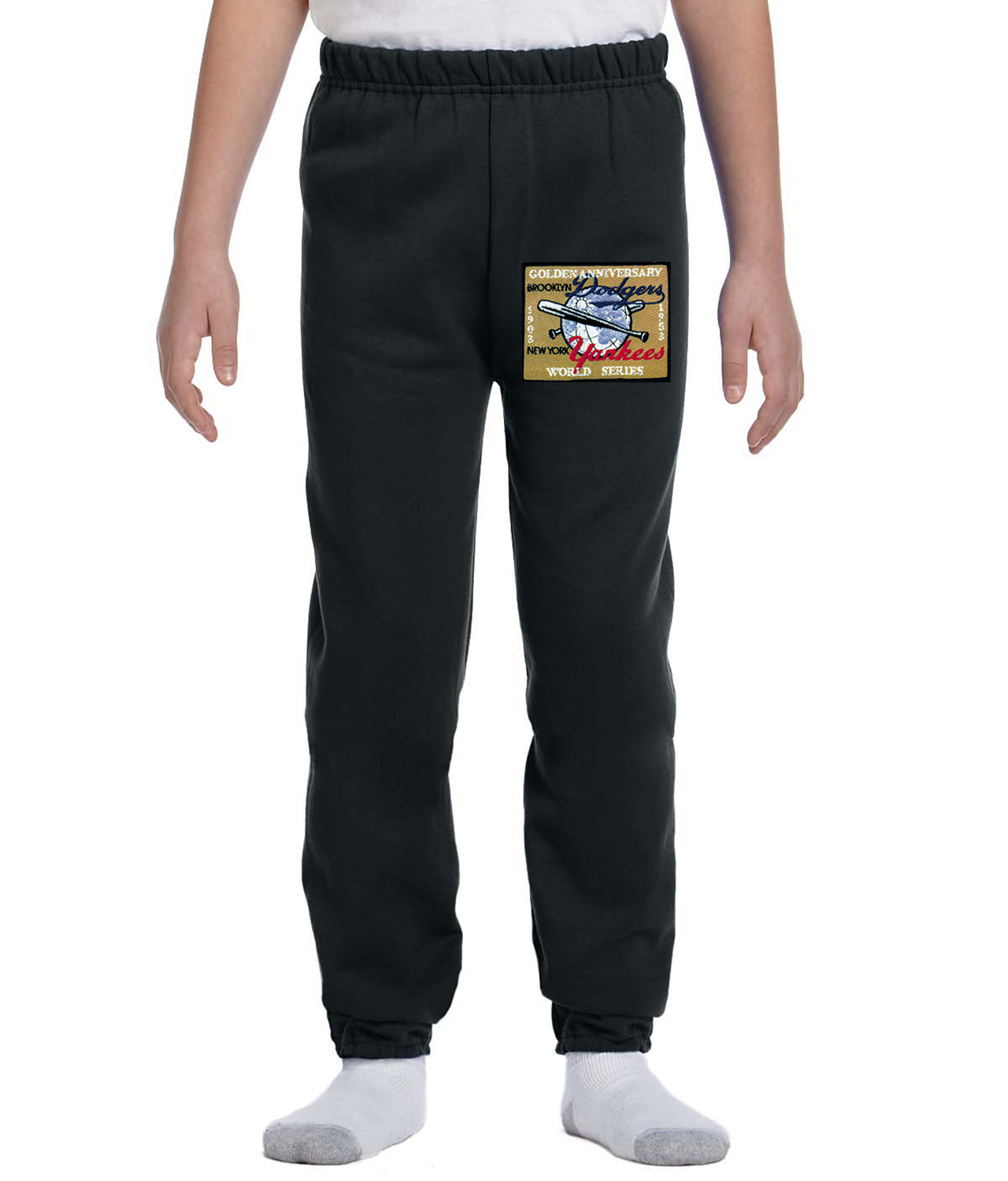 New York Yankees 4 Brooklyn Dodgers 2 - MLB World Series 50th Anniversary Baseball Logo Emblem Customized Design on Youth Closed-Bottom Sweatpants
