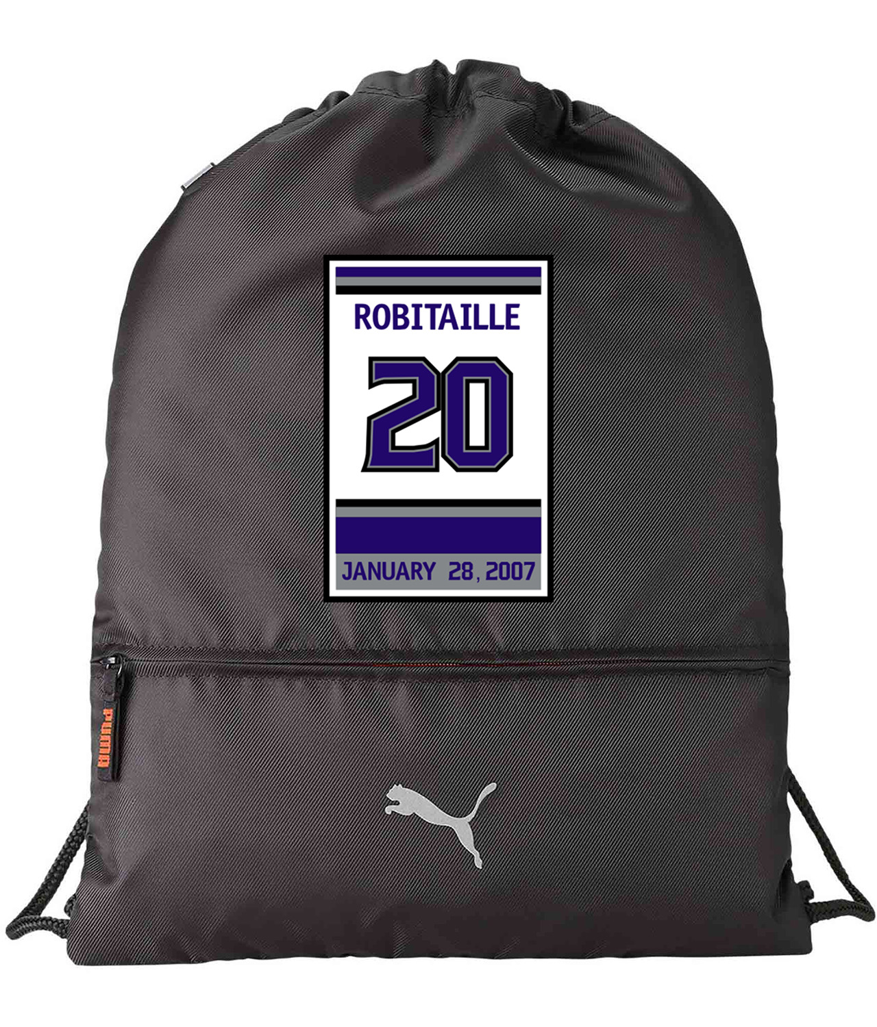 Los Angeles Kings Luc Robitaille Retirement Ceremony Patch Hockey Logo Symbol Emblem Customized Design on Lightweight Drawstring Backpack Bag