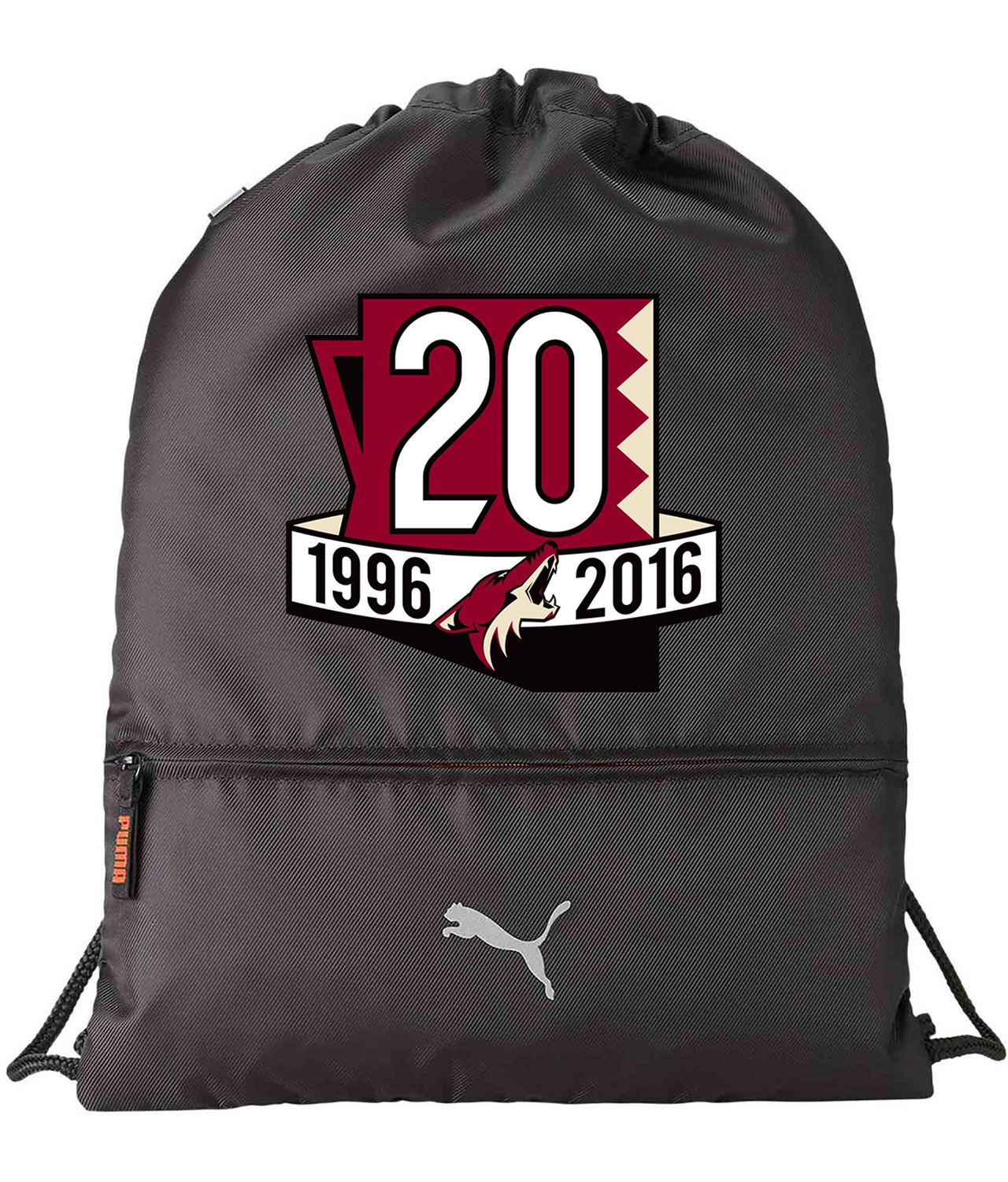 Arizona Phoenix Coyotes 20th Anniversary Hockey Logo Symbol Emblem Customized Design on Lightweight Drawstring Backpack Bag