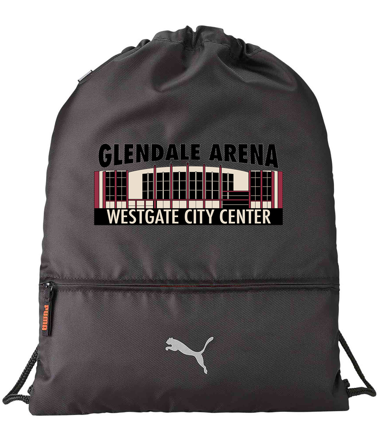 Arizona Phoenix Coyotes Glendale Arena Westgate City Center Stadium Hockey Logo Emblem Customized Design on Lightweight Drawstring Backpack Bag